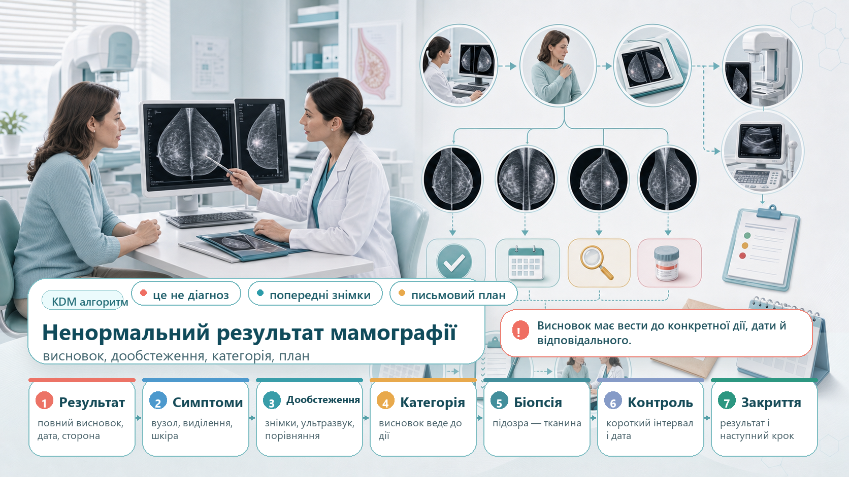 Інфографіка алгоритму ненормального результату мамографії: неповний скринінг, порівняння з попередніми знімками, діагностична мамографія, ультразвукове дослідження, стандартизована категорія висновку, короткий контроль, біопсія, узгодження результату з клінікою і відстеження до завершення маршруту.