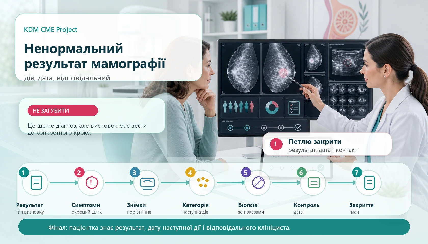 Медична інфографіка KDM CME Project для алгоритму ненормального результату мамографії: консультація пацієнтки з лікаркою біля мамографічного монітора, пояснення що результат ще не є діагнозом, але має вести до конкретного кроку, перевірка симптомів, порівняння попередніх знімків, діагностичні знімки, ультразвукове дослідження, категорія висновку, біопсія за показами, короткий контроль, дата наступної дії, контакт відповідального клініциста і письмове закриття маршруту.