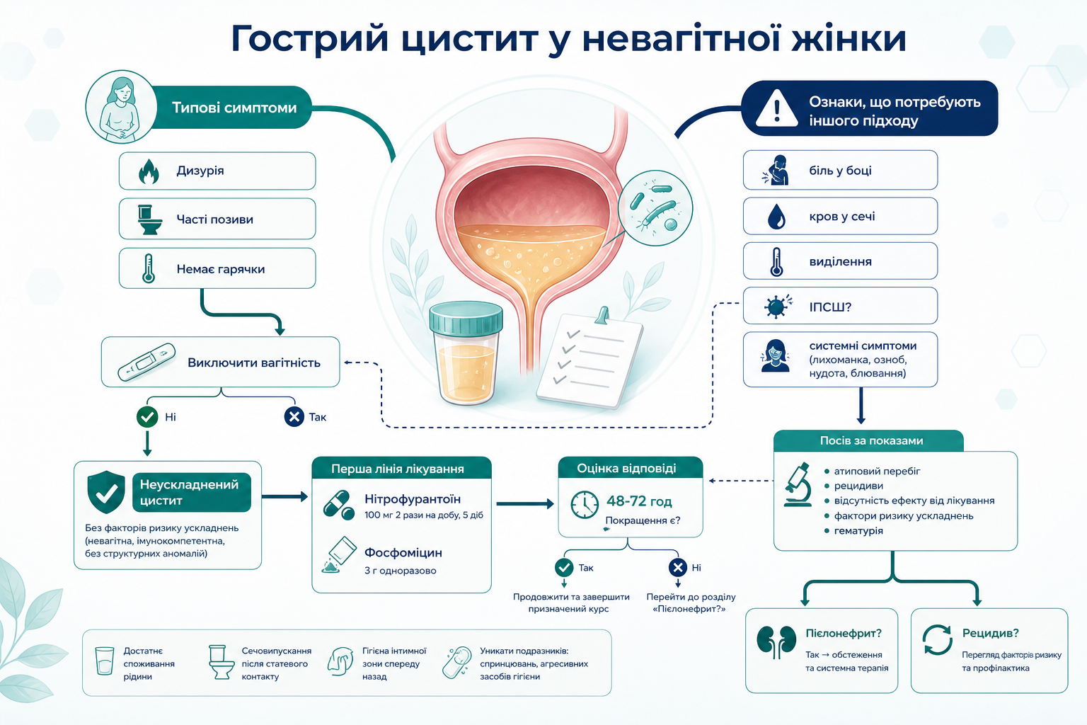 Інфографіка алгоритму гострого циститу у невагітної жінки: дизурія, часті позиви, виключення вагітності, ознаки пієлонефриту, посів за показами, нітрофурантоїн, фосфоміцин і оцінка відповіді через 48-72 години.