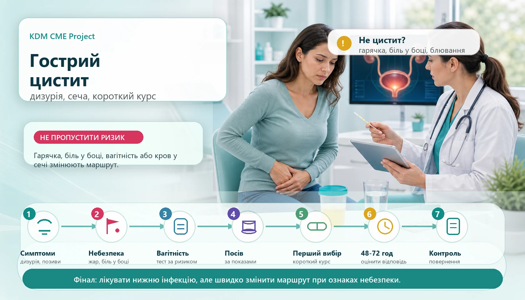 Медична інфографіка алгоритму гострого циститу у невагітної жінки: консультація пацієнтки з дизурією і частими позивами, оцінка ознак небезпеки, гарячки або болю у боці, виключення вагітності за ризиком, тест сечі або посів за показами, перший вибір короткого курсу лікування, оцінка відповіді через 48-72 години та перегляд діагнозу, якщо немає покращення.