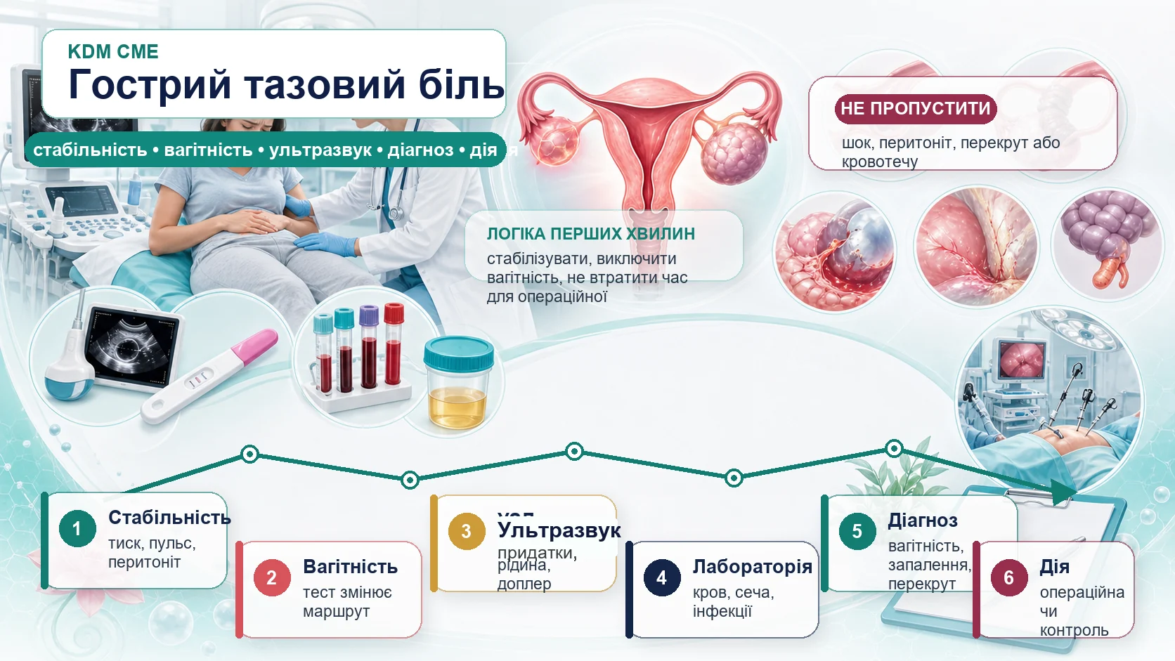 Інфографіка алгоритму гострого тазового болю: стабільність, тест на вагітність, бета-хоріонічний гонадотропін людини, ультразвукове дослідження, лабораторні тести, позаматкова вагітність, вагітність невідомої локалізації, запальне захворювання органів малого таза, перекрут придатків, розрив кісти, апендицит, урологічна причина, операційна, антибіотики і контроль.