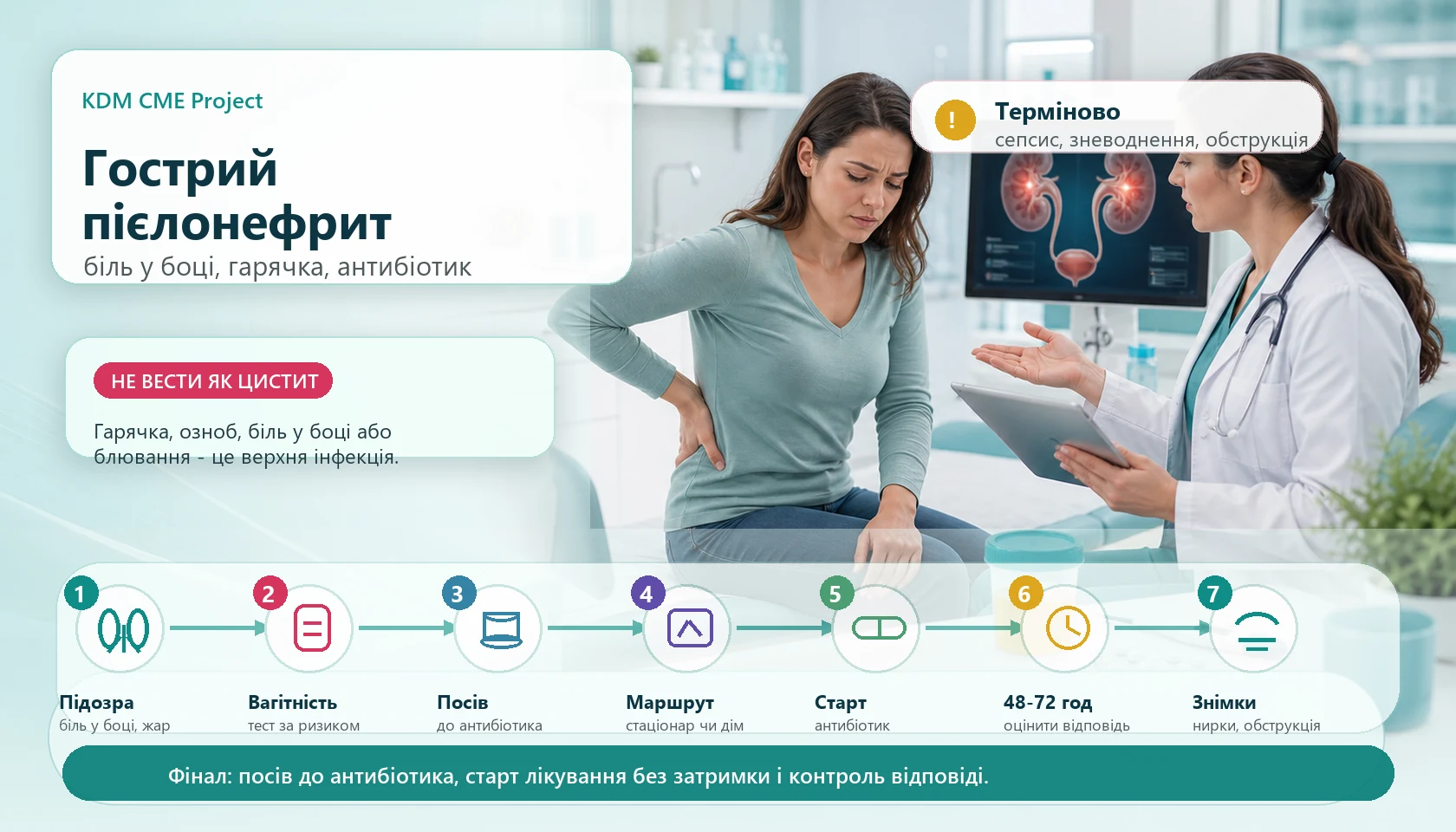 Медична інфографіка алгоритму гострого пієлонефриту у невагітної жінки: клінічна оцінка пацієнтки з гарячкою і болем у боці, перевірка вагітності, оцінка сепсису, блювання і зневоднення, посів сечі до антибіотика, вибір амбулаторного або стаціонарного маршруту, старт антибіотика без затримки, контроль відповіді через 48-72 години та знімки нирок, якщо немає покращення або є підозра на обструкцію.