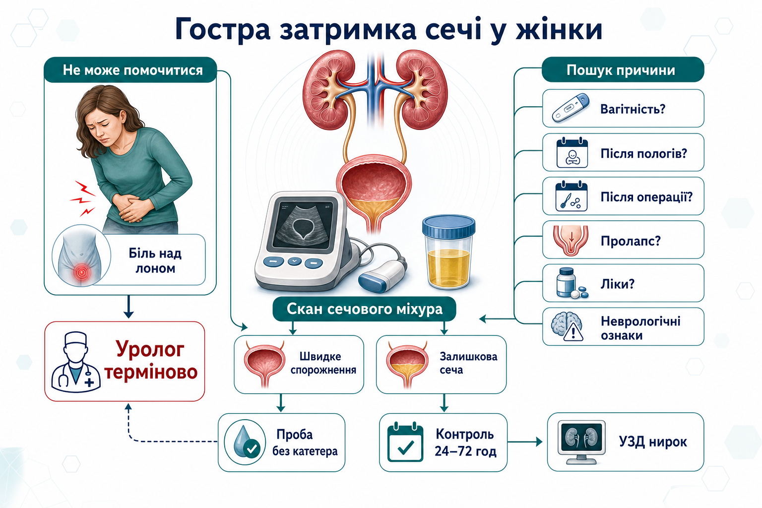 Інфографіка алгоритму гострої затримки сечі у жінки: неможливість помочитися, біль над лоном, скан сечового міхура, швидке спорожнення, залишкова сеча, вагітність, післяпологовий або післяопераційний контекст, пролапс, ліки, неврологічні ознаки, терміновий уролог, проба без катетера, контроль через 24-72 години та ультразвукове дослідження нирок.
