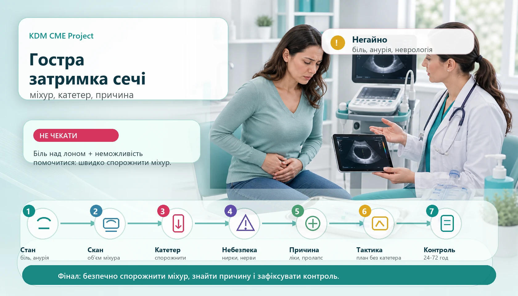 Медична інфографіка алгоритму гострої затримки сечі у жінки: клінічна оцінка пацієнтки з неможливістю помочитися і болем над лоном, портативне сканування сечового міхура для підтвердження переповнення, швидке безпечне спорожнення катетером, перевірка вагітності за ризиком, пошук причини серед ліків, пролапсу, післяпологового або післяопераційного стану, інфекції та неврологічних ознак, план проби без катетера і контроль через 24-72 години.