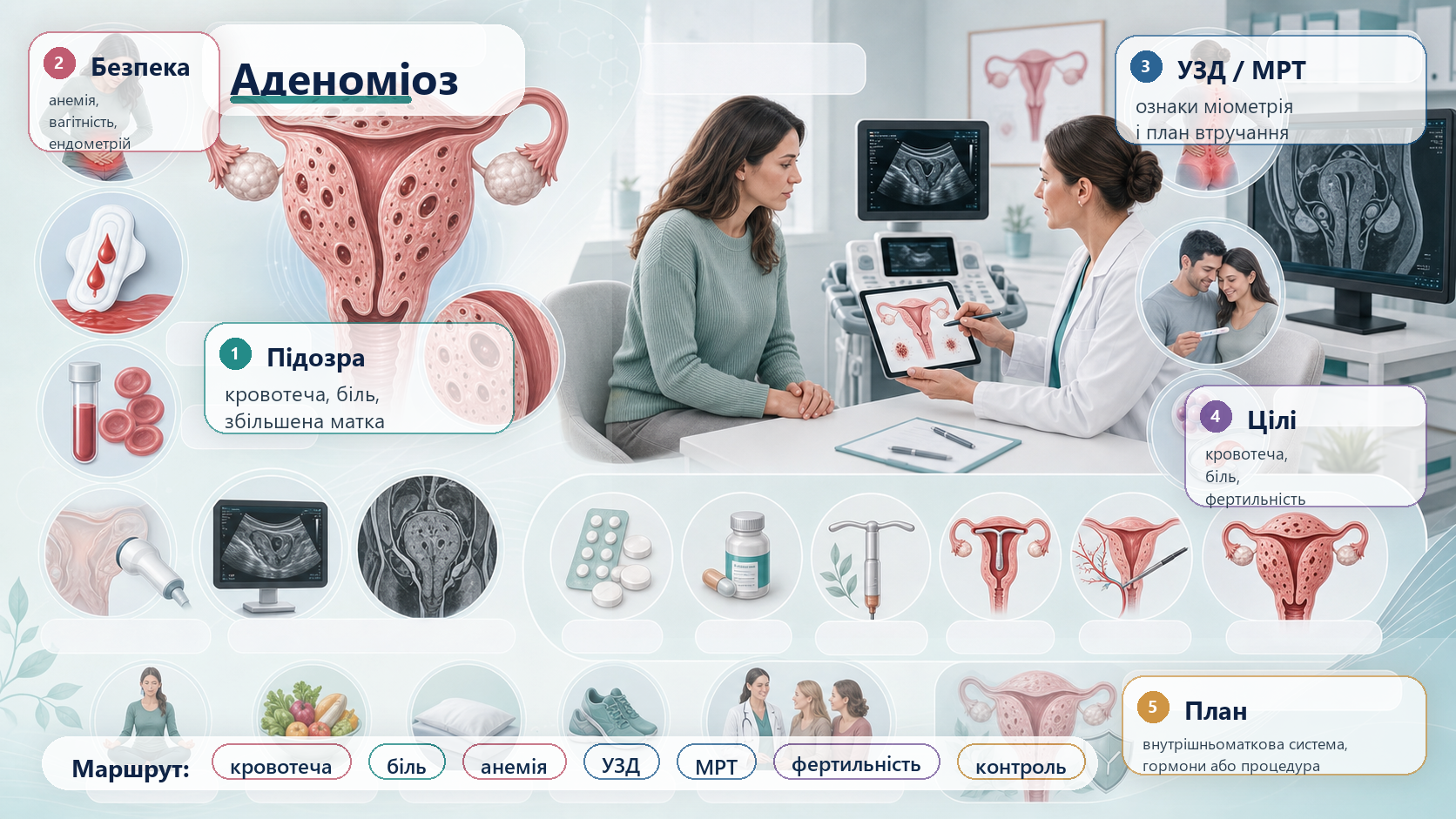 Інфографіка алгоритму аденоміозу: підозра, кровотеча, біль, фертильність, ультразвукове дослідження, магнітно-резонансна томографія, виключення іншої патології, перша лінія, левоноргестрел-вивільнювальна внутрішньоматкова система, гормональна терапія, процедури, гістеректомія і контроль.