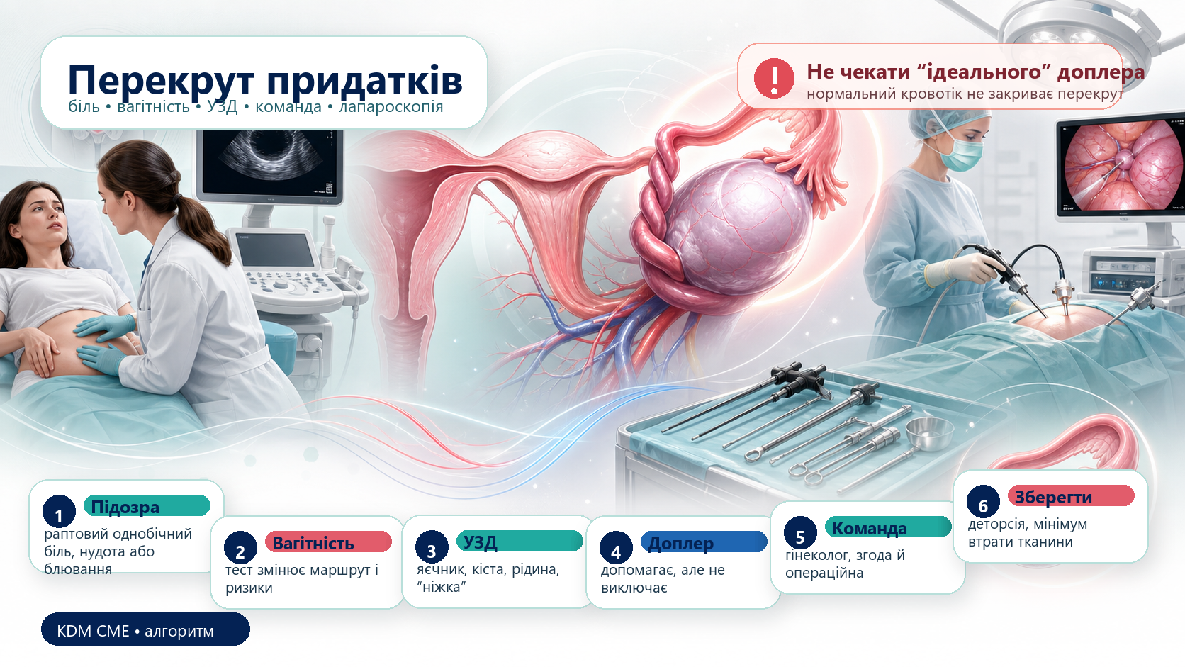 Інфографіка алгоритму перекруту придатків: раптовий однобічний тазовий біль, вагітність, ультразвукове дослідження з доплерометрією, нормальний кровотік не виключає перекрут, рання хірургічна команда, лапароскопічна деторсія й органозбереження.