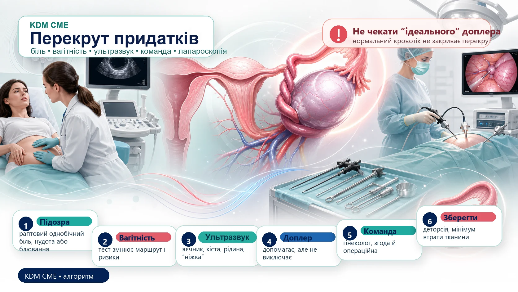 Інфографіка алгоритму перекруту придатків: раптовий однобічний тазовий біль, вагітність, ультразвукове дослідження з доплерометрією, нормальний кровотік не виключає перекрут, рання хірургічна команда, лапароскопічна деторсія й органозбереження.