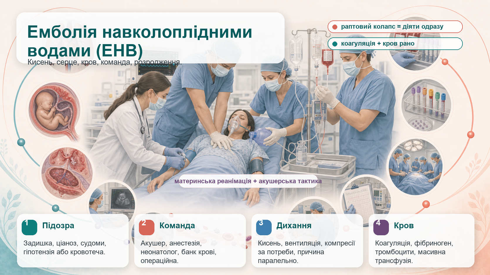 Інфографіка алгоритму емболії навколоплідними водами: раптовий материнський колапс у пологах або після пологів, кисень, вентиляція, серцево-легенева реанімація, акушерська і анестезіологічна команда, коагуляція, фібриноген, тромбоцити, масивна трансфузія, операційна, розродження та інтенсивна терапія.