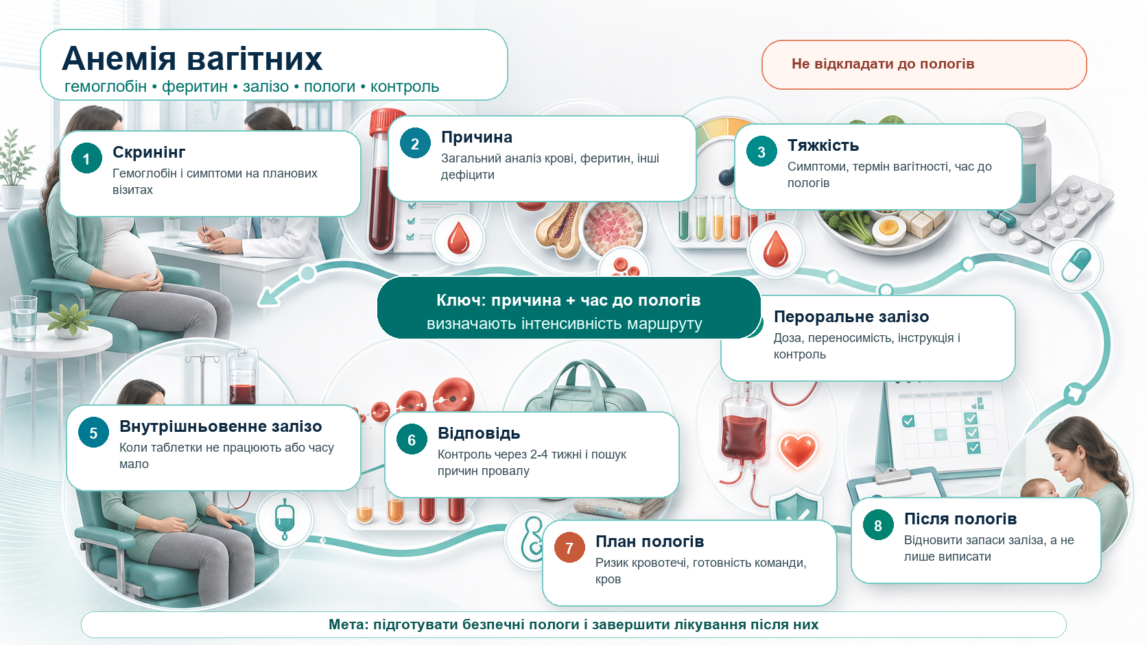 Інфографіка алгоритму анемії вагітних і дефіциту заліза: скринінг гемоглобіну, симптоми, загальний аналіз крові, феритин, інші дефіцити, оцінка тяжкості та часу до пологів, пероральне залізо, внутрішньовенне залізо за показами, контроль відповіді через 2-4 тижні, план пологів при ризику кровотечі і післяпологове відновлення запасів заліза.