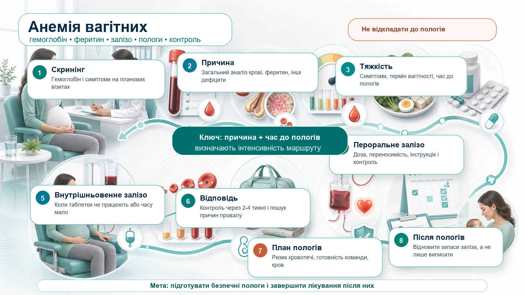 Інфографіка алгоритму анемії вагітних і дефіциту заліза: скринінг гемоглобіну, симптоми, загальний аналіз крові, феритин, інші дефіцити, оцінка тяжкості та часу до пологів, пероральне залізо, внутрішньовенне залізо за показами, контроль відповіді через 2-4 тижні, план пологів при ризику кровотечі і післяпологове відновлення запасів заліза.