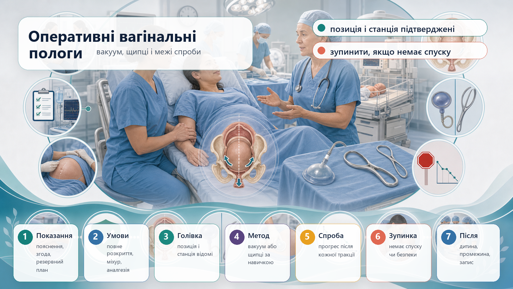 Інфографіка алгоритму оперативних вагінальних пологів: показання і згода, умови безпеки підтверджені, позиція і станція голівки, вибір вакууму або щипців, прогрес після кожної тракції, критерії зупинки, готовність до кесаревого розтину, неонатолог, огляд промежини і післяпологовий план.