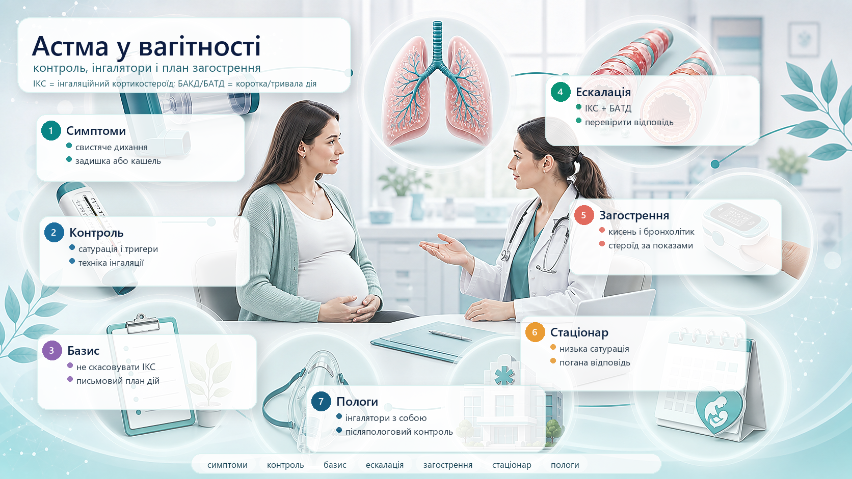 Інфографіка алгоритму астми у вагітності: симптоми, сатурація, техніка інгаляції, інгаляційний кортикостероїд (ІКС), бета2-агоніст короткої або тривалої дії, загострення, стаціонар, план пологів і післяпологовий контроль.