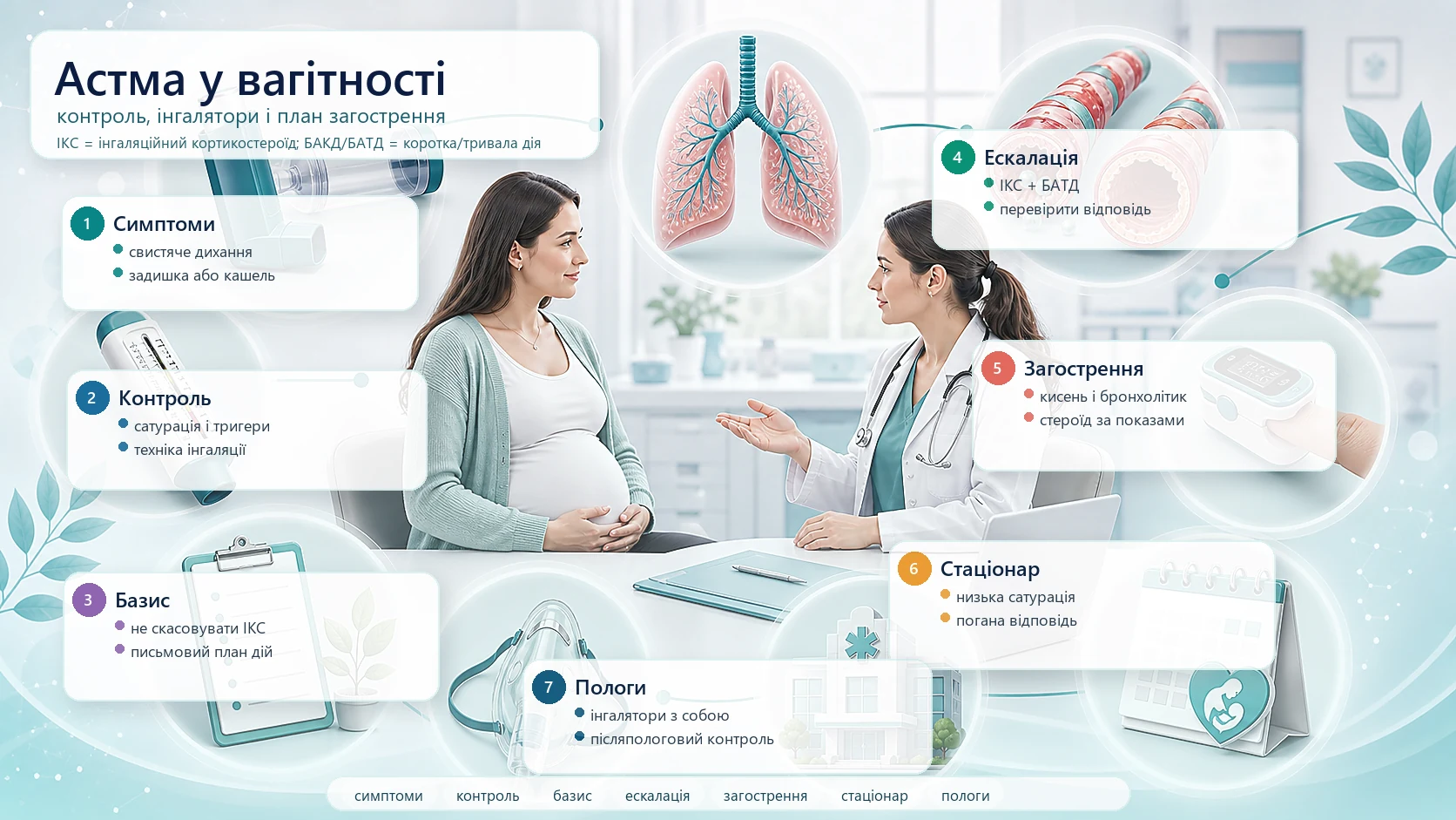Інфографіка алгоритму астми у вагітності: симптоми, сатурація, техніка інгаляції, інгаляційний кортикостероїд (ІКС), бета2-агоніст короткої або тривалої дії, загострення, стаціонар, план пологів і післяпологовий контроль.
