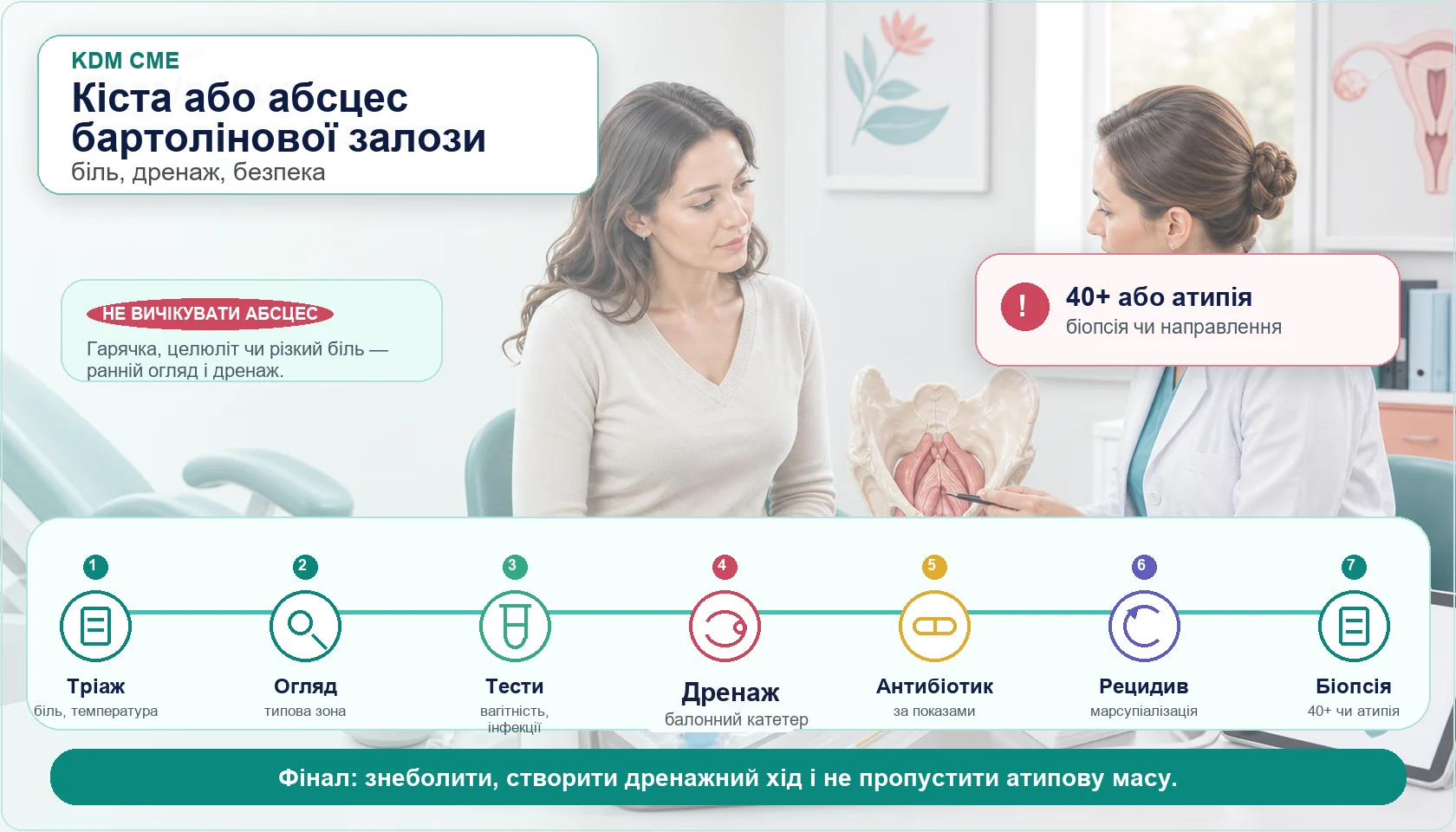 Медична інфографіка алгоритму кісти та абсцесу бартолінової залози: приватна консультація пацієнтки з лікаркою, навчальна модель локалізації бартолінової залози, стерильний набір для дренування, балонний катетер Word, мазки для інфекцій, знеболення, антибіотик за показами, контроль рецидиву, біопсія або направлення у віці 40+ років чи при атиповій масі.