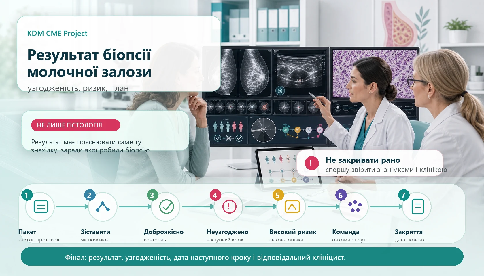 Медична інфографіка KDM CME Project для алгоритму результату біопсії молочної залози: пацієнтка на командній консультації з лікаркою і фахівцем з патології молочної залози, мамографічні та ультразвукові знімки на моніторі, гістологічні зображення, перевірка повного пакета документів, зіставлення результату з клінічною та візуалізаційною знахідкою, доброякісний узгоджений результат, неузгоджений результат із наступним кроком, високоризикова знахідка, онкологічний маршрут, дата контролю і письмове закриття маршруту.
