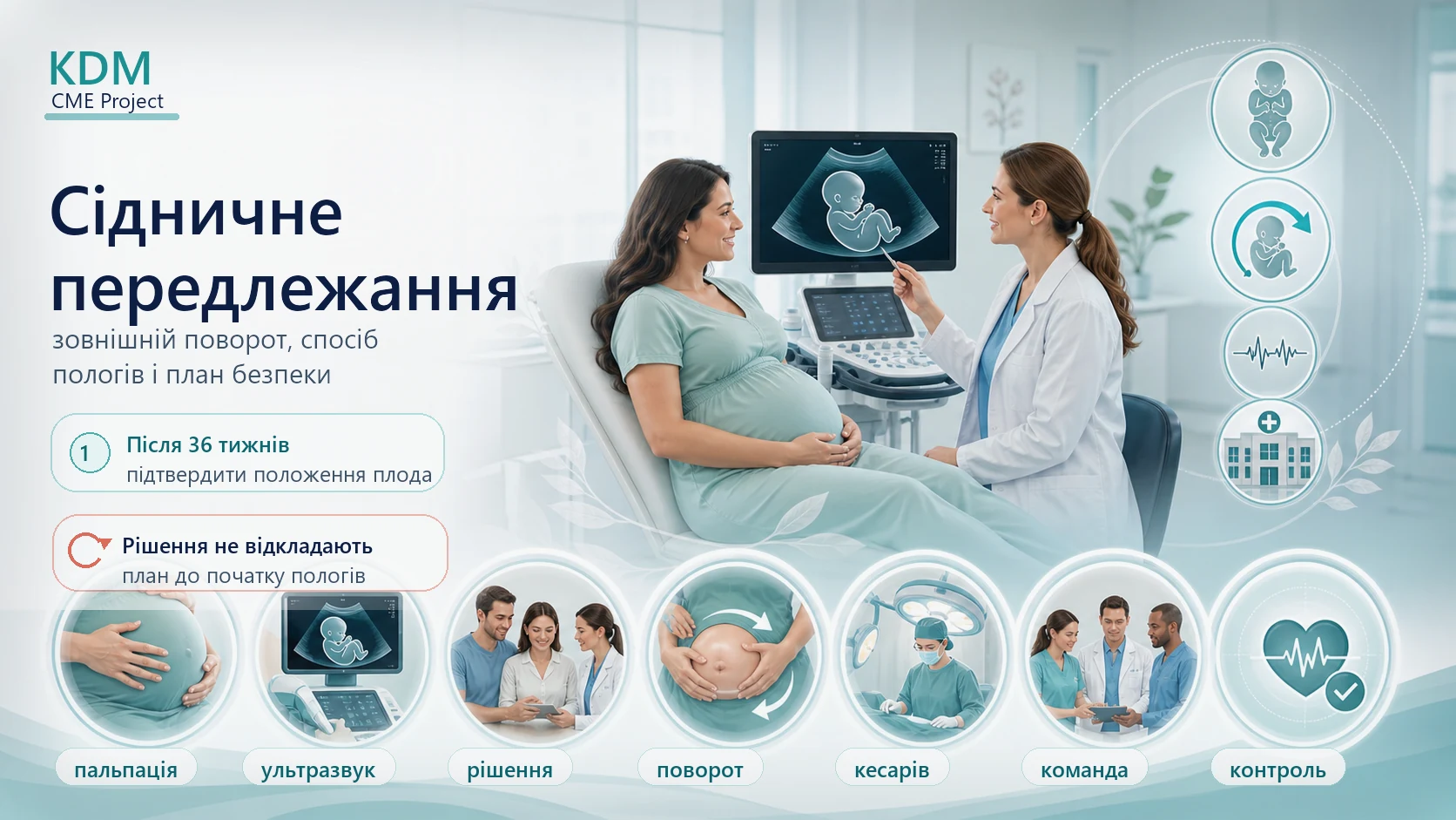 Інфографіка алгоритму сідничного передлежання: пальпація після 36 тижнів, підтвердження ультразвуковим дослідженням, зовнішній поворот, плановий кесарів розтин, вагінальні пологи лише за наявності команди і протоколу, контроль серцебиття після повороту.