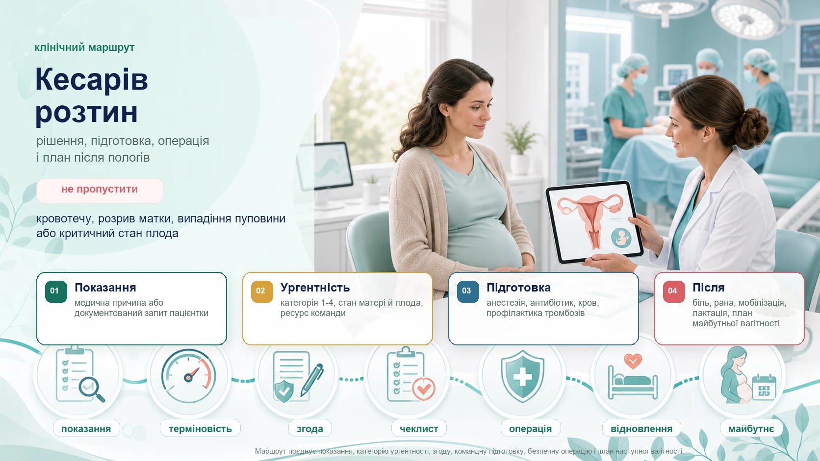 Інфографіка алгоритму кесаревого розтину: показання або запит пацієнтки, категорія ургентності, згода і командний план, анестезія, антибіотикопрофілактика, профілактика венозної тромбоемболії, готовність крові, операція, профілактика кровотечі, рання мобілізація, контроль рани і план наступної вагітності.
