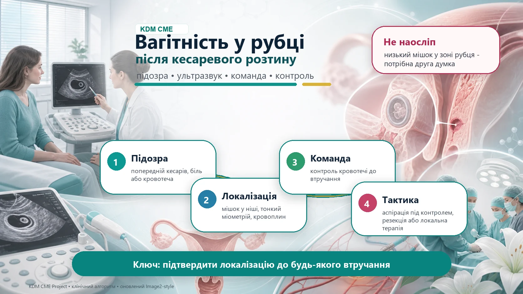 Інфографіка алгоритму вагітності у рубці після кесаревого розтину: рання підозра, трансвагінальне ультразвукове дослідження, мішок у ніші рубця, товщина міометрія до сечового міхура, відмежування від викидня або шийкової вагітності, симптоми небезпеки, командна тактика, лікування під контролем і раннє ультразвукове дослідження у наступній вагітності.