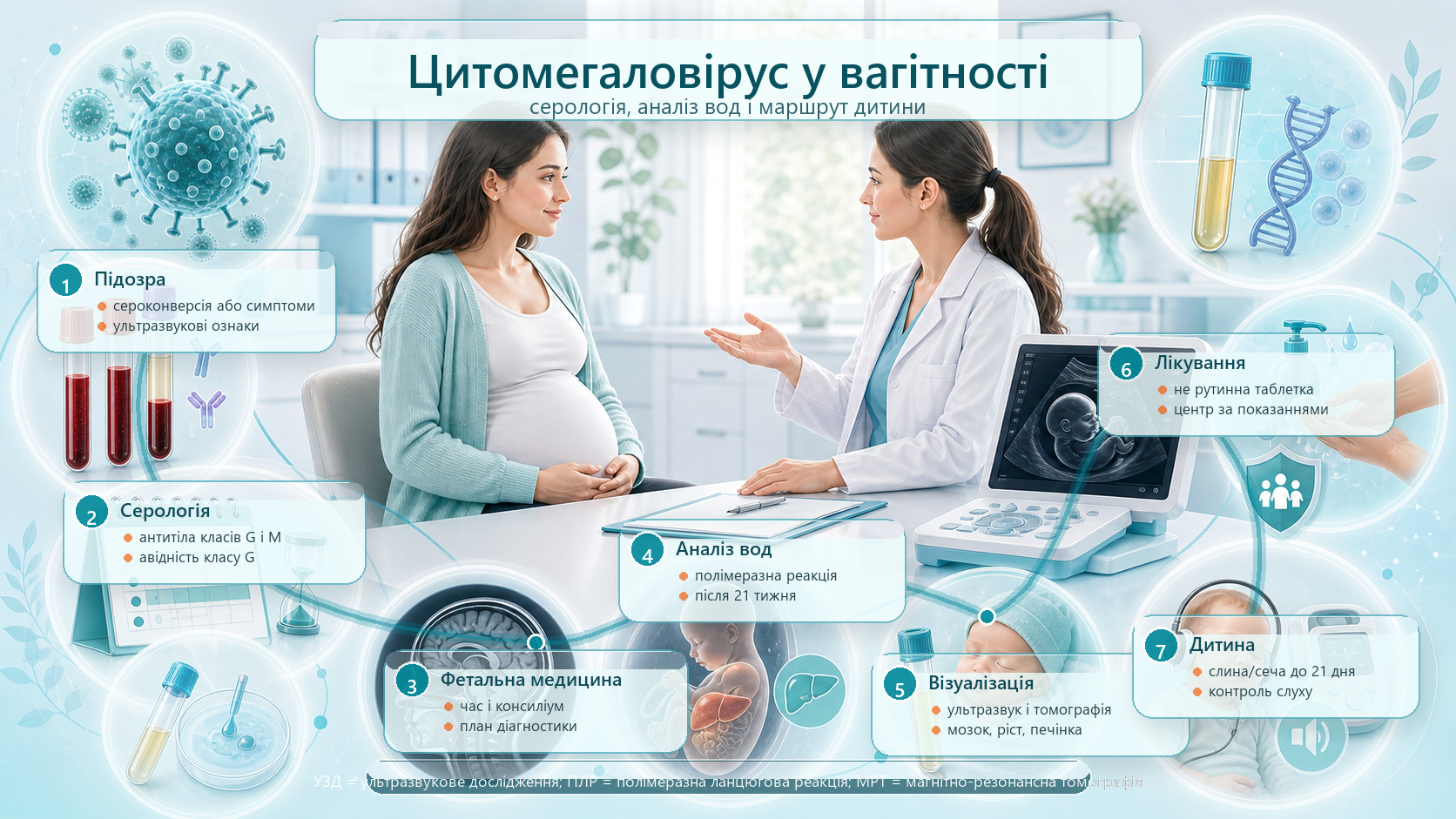 Інфографіка алгоритму цитомегаловірусу у вагітності: підозра або ультразвукові ознаки, антитіла класів G і M, авідність, первинна інфекція, забір навколоплідних вод, полімеразна ланцюгова реакція, ультразвукове дослідження і магнітно-резонансна томографія плода та неонатальний тест.