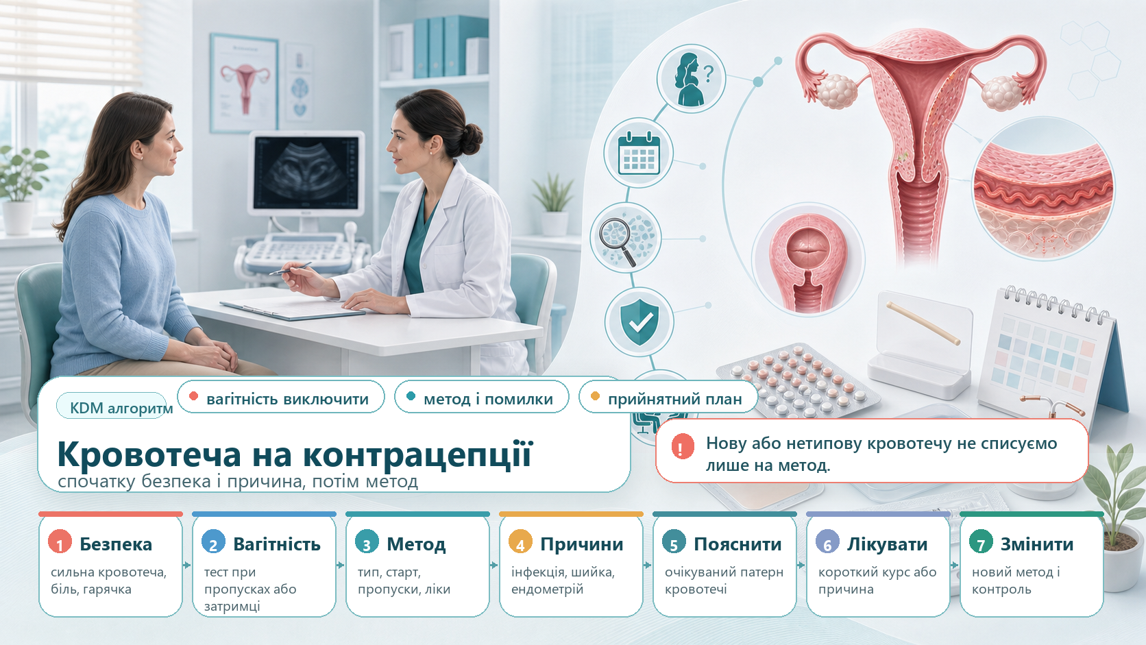 Інфографіка алгоритму непланової кровотечі на контрацепції: виключити вагітність і симптоми небезпеки, уточнити метод та пропуски, провести огляд за показами, пояснити очікувані патерни і скоригувати тактику.