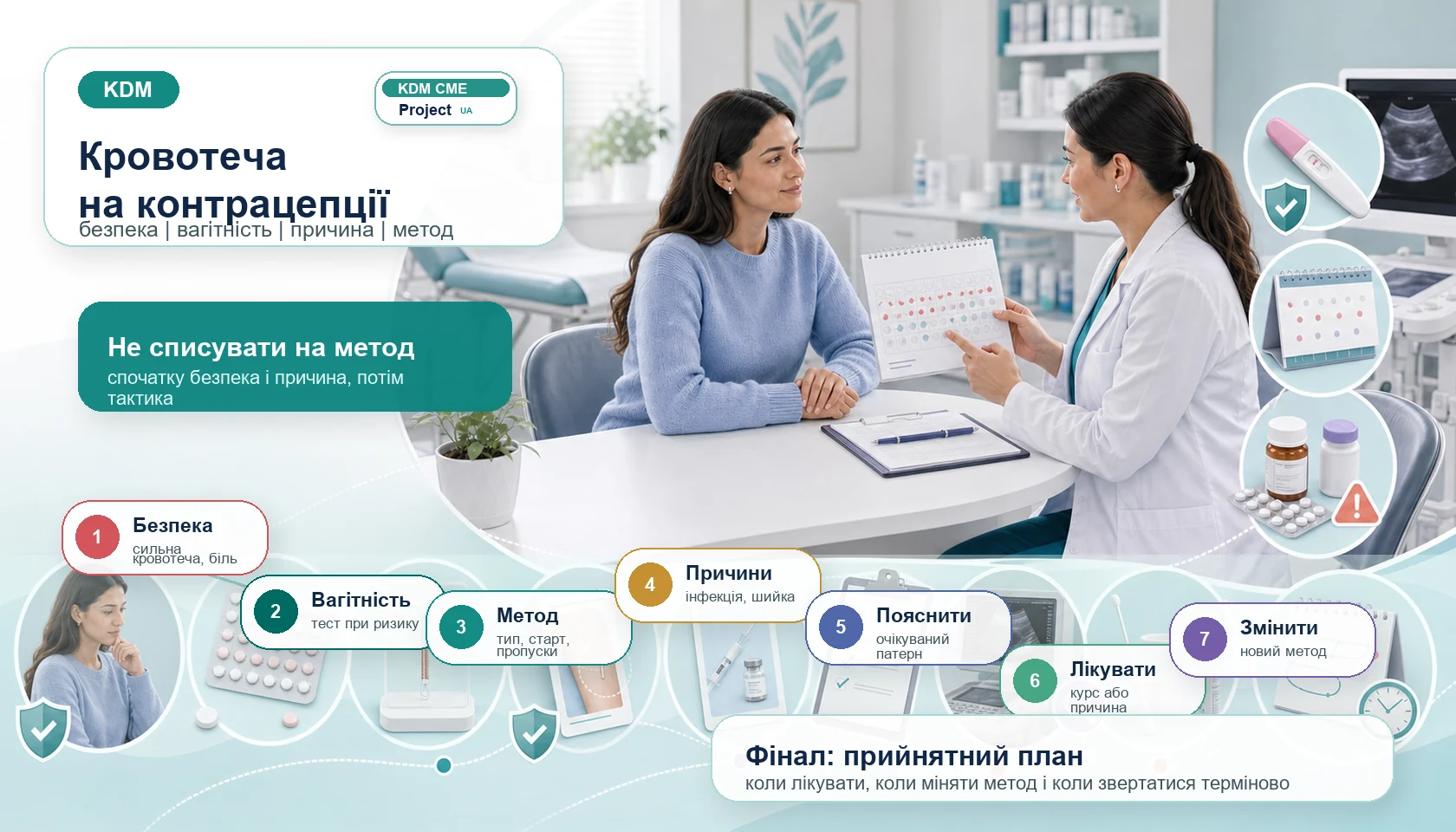 Інфографіка алгоритму непланової кровотечі на контрацепції: виключити вагітність і симптоми небезпеки, уточнити метод та пропуски, провести огляд за показами, пояснити очікувані патерни і скоригувати тактику.