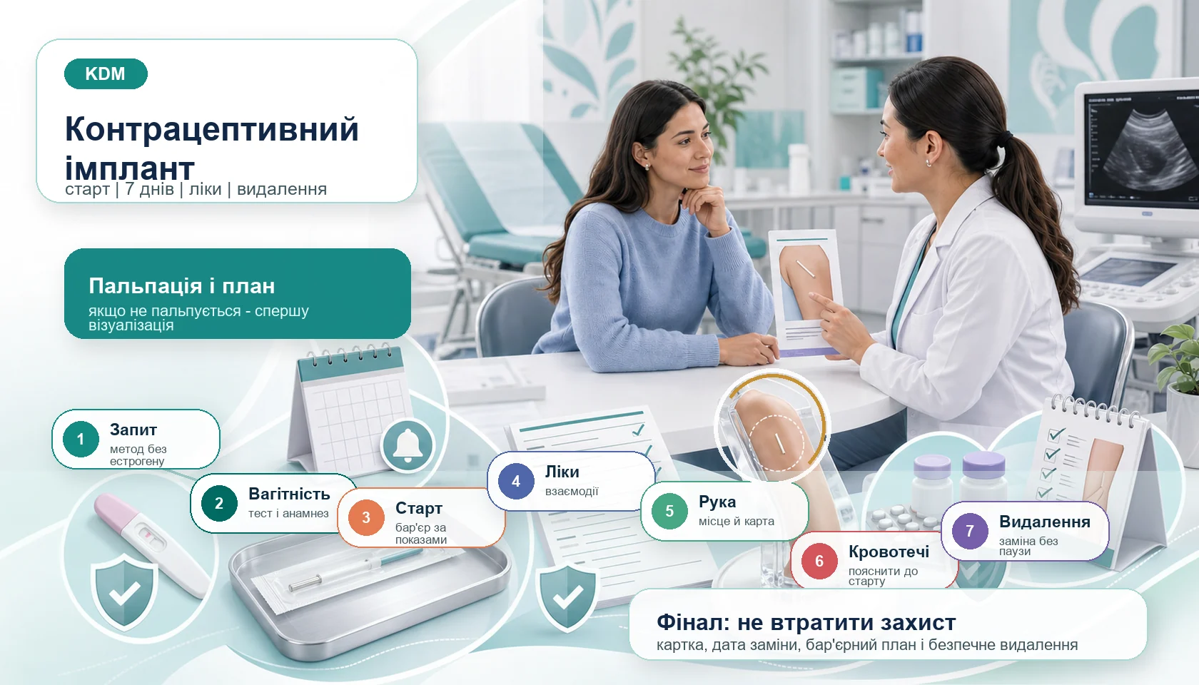 Медична інфографіка алгоритму контрацептивного імпланта: консультація щодо підшкірного прогестинового імпланта, виключення вагітності тестом і анамнезом, бар’єрний захист за показами, перевірка лікових взаємодій, встановлення у верхню частину руки, пальпація після введення, пояснення кровотеч, контрольна картка, візуалізація непальпованого імпланта та безпечне видалення або заміна.