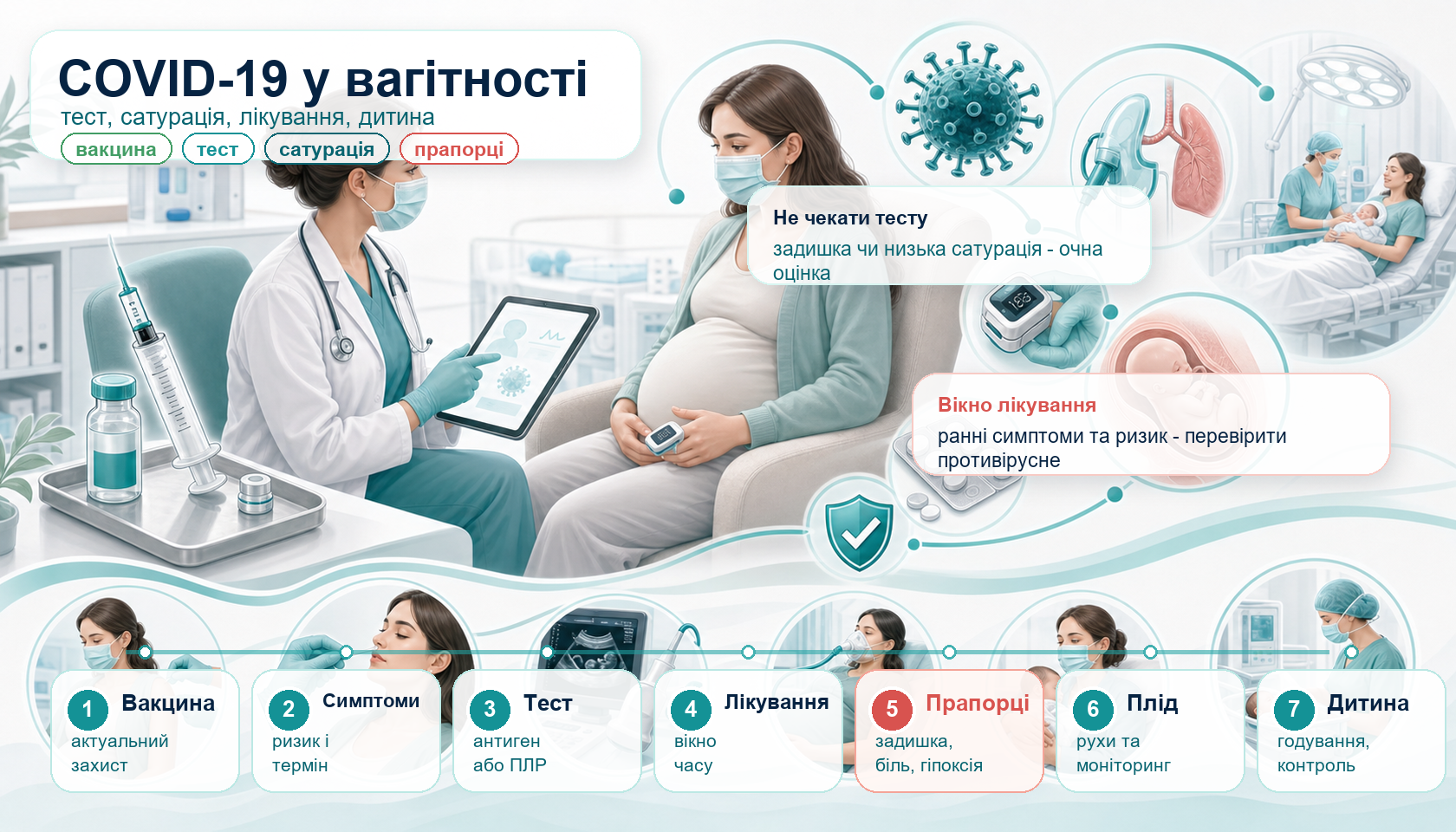 Медична інфографіка алгоритму коронавірусної хвороби 2019 (COVID-19) у вагітності: консультація вагітної, вакцинація, тестування, сатурація кисню, червоні прапорці, противірусне лікування, рухи плода, пологи і новонароджений.