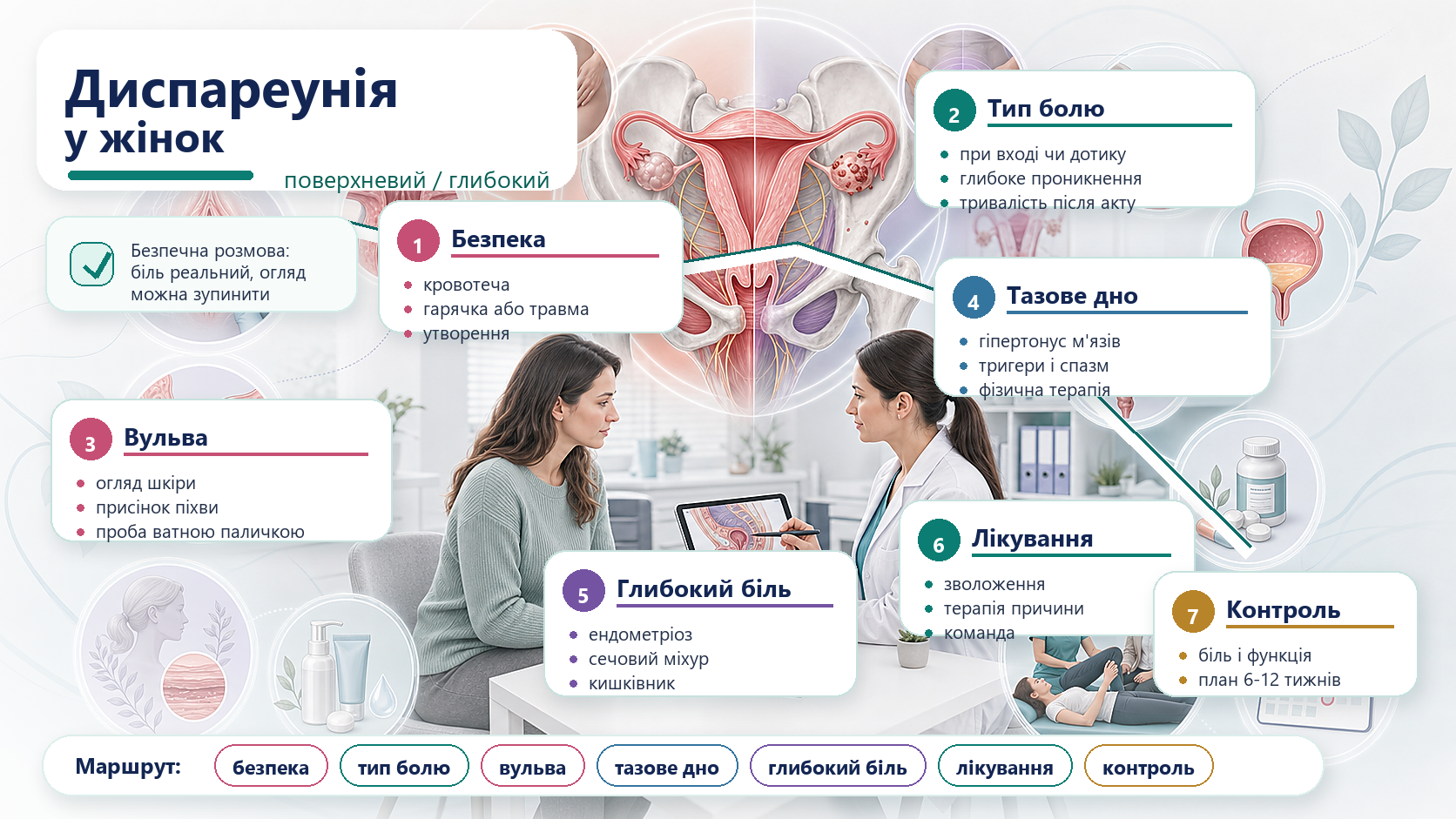 Інфографіка алгоритму диспареунії у жінок: симптоми небезпеки, поверхневий і глибокий біль, огляд вульви, тазове дно, ендометріоз, сечовий міхур, менопауза, перша лінія, ліки, команда і контроль.