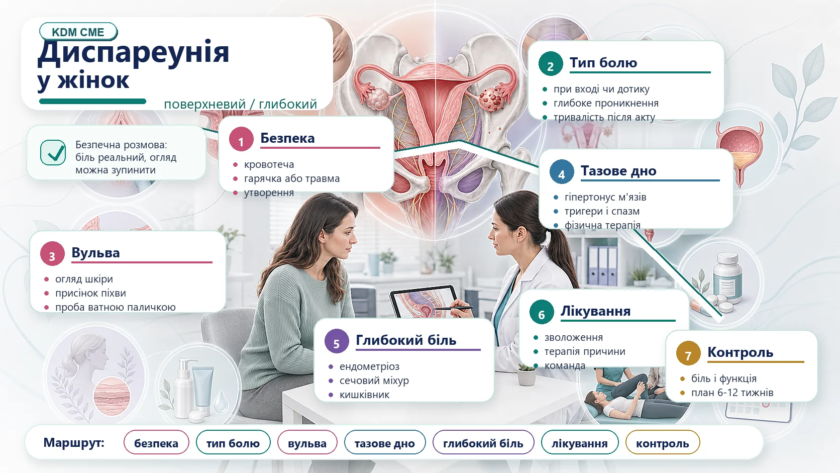 Інфографіка алгоритму диспареунії у жінок: симптоми небезпеки, поверхневий і глибокий біль, огляд вульви, тазове дно, ендометріоз, сечовий міхур, менопауза, перша лінія, ліки, команда і контроль.