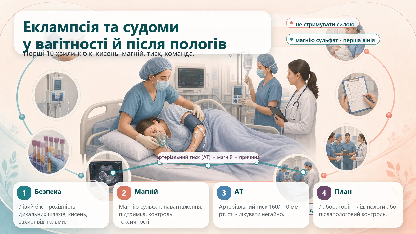 Медична інфографіка KDM CME Project для алгоритму еклампсії та судом у вагітності й після пологів: пацієнтка на лівому боці, прохідність дихальних шляхів, кисень, магнію сульфат, контроль токсичності магнію, кальцію глюконат, артеріальний тиск 160/110, лікування протягом 30-60 хвилин, лабораторії, неврологічна диференціація, оцінка плода, команда інтенсивної допомоги, план розродження або післяпологового контролю.