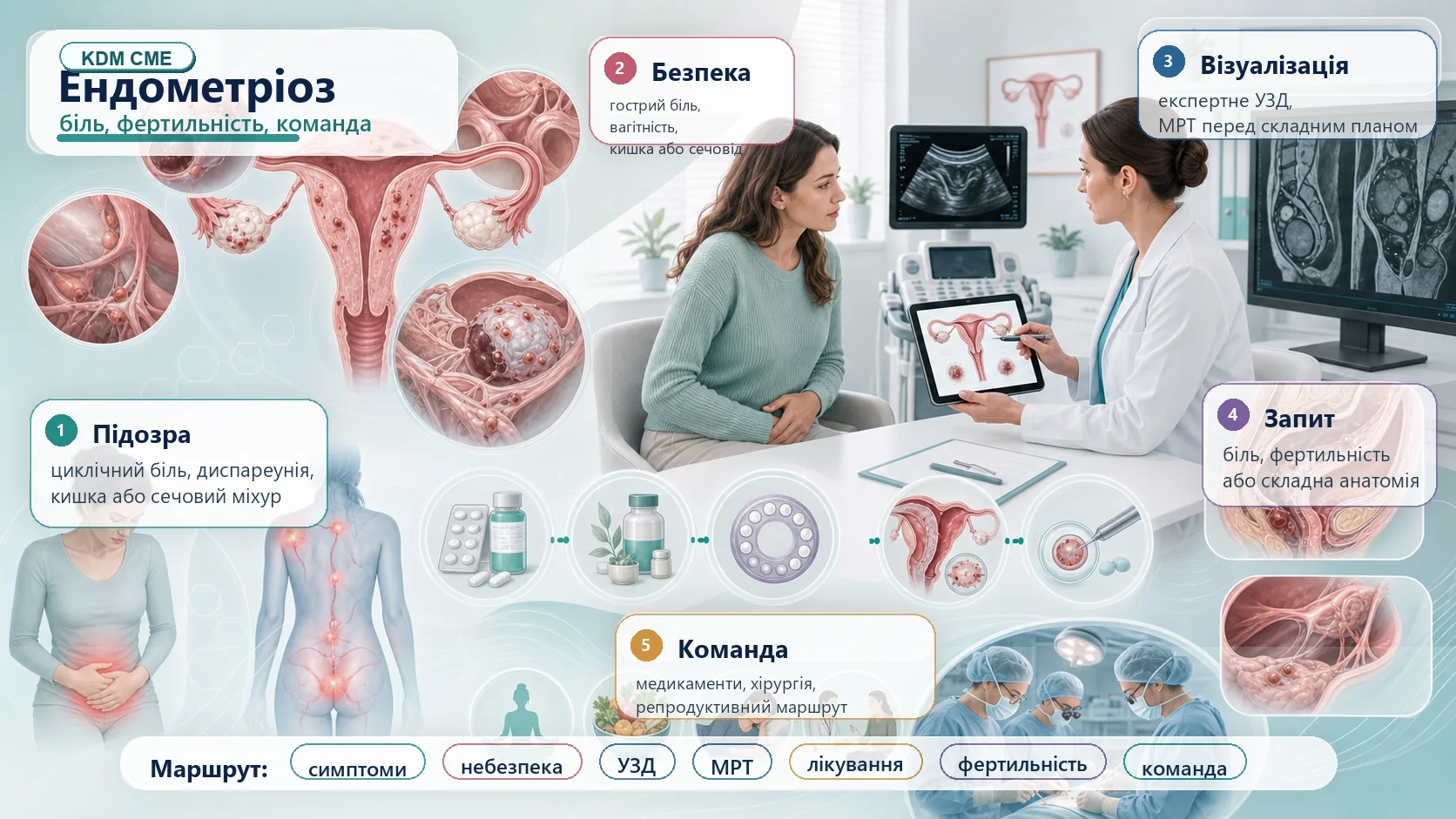 Інфографіка алгоритму ендометріозу: тазовий біль, симптоми, ознаки небезпеки, анамнез, ультразвукове дослідження, магнітно-резонансна томографія, лікування болю, фертильність і команда ендометріозу.