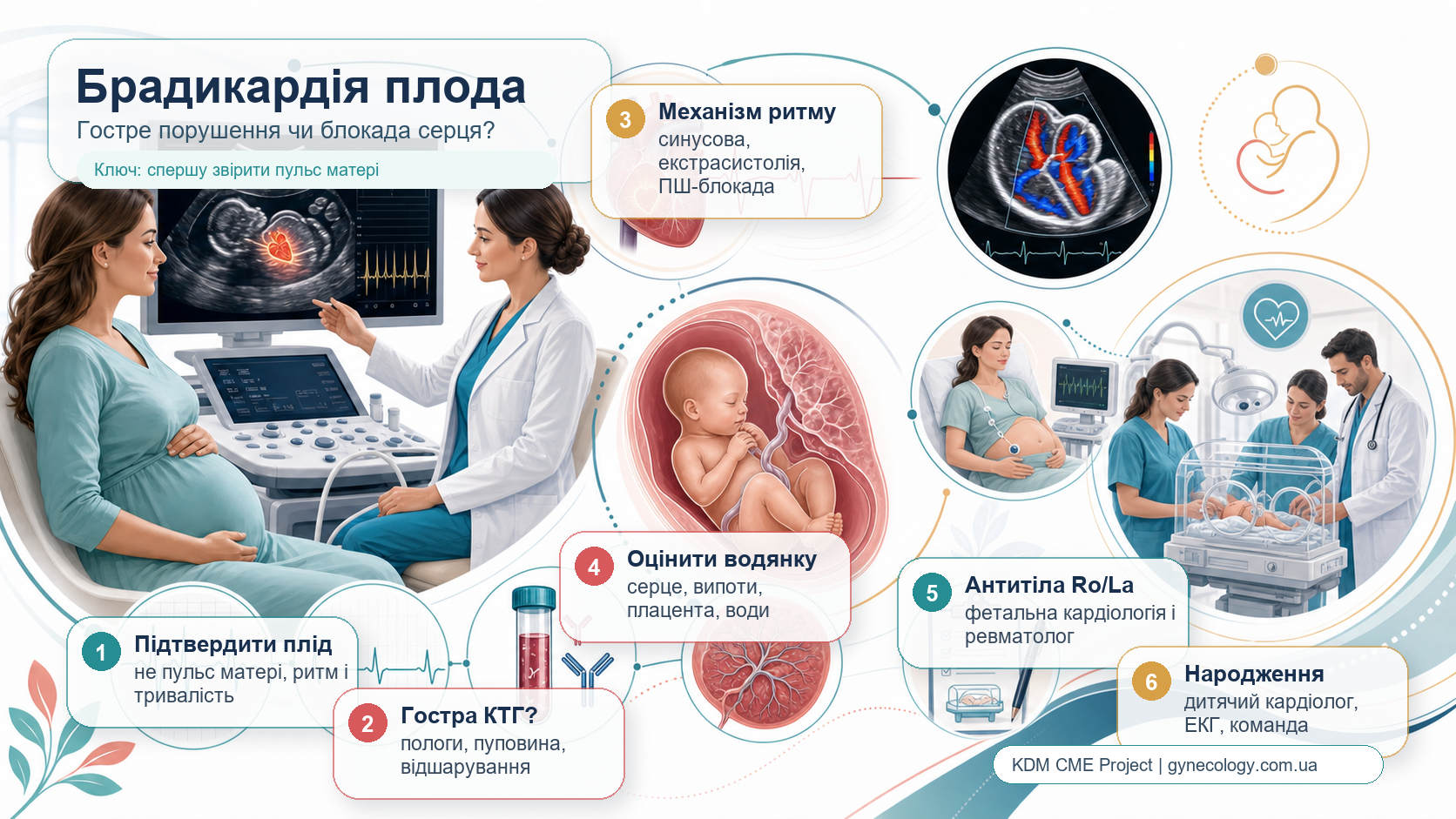 Інфографіка алгоритму брадикардії плода: стійкий повільний ритм, перевірка пульсу матері, ультразвукове дослідження, кардіотокографія в пологах, фетальна ехокардіографія, передсердний і шлуночковий ритм, передсердно-шлуночкова блокада, антитіла Ro/La, оцінка водянки, фетальна кардіологія, дитячий кардіолог, план народження і нагляд новонародженого.