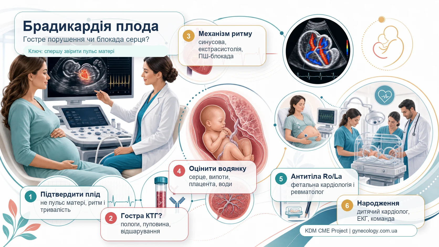 Інфографіка алгоритму брадикардії плода: стійкий повільний ритм, перевірка пульсу матері, ультразвукове дослідження, кардіотокографія в пологах, фетальна ехокардіографія, передсердний і шлуночковий ритм, передсердно-шлуночкова блокада, антитіла Ro/La, оцінка водянки, фетальна кардіологія, дитячий кардіолог, план народження і нагляд новонародженого.