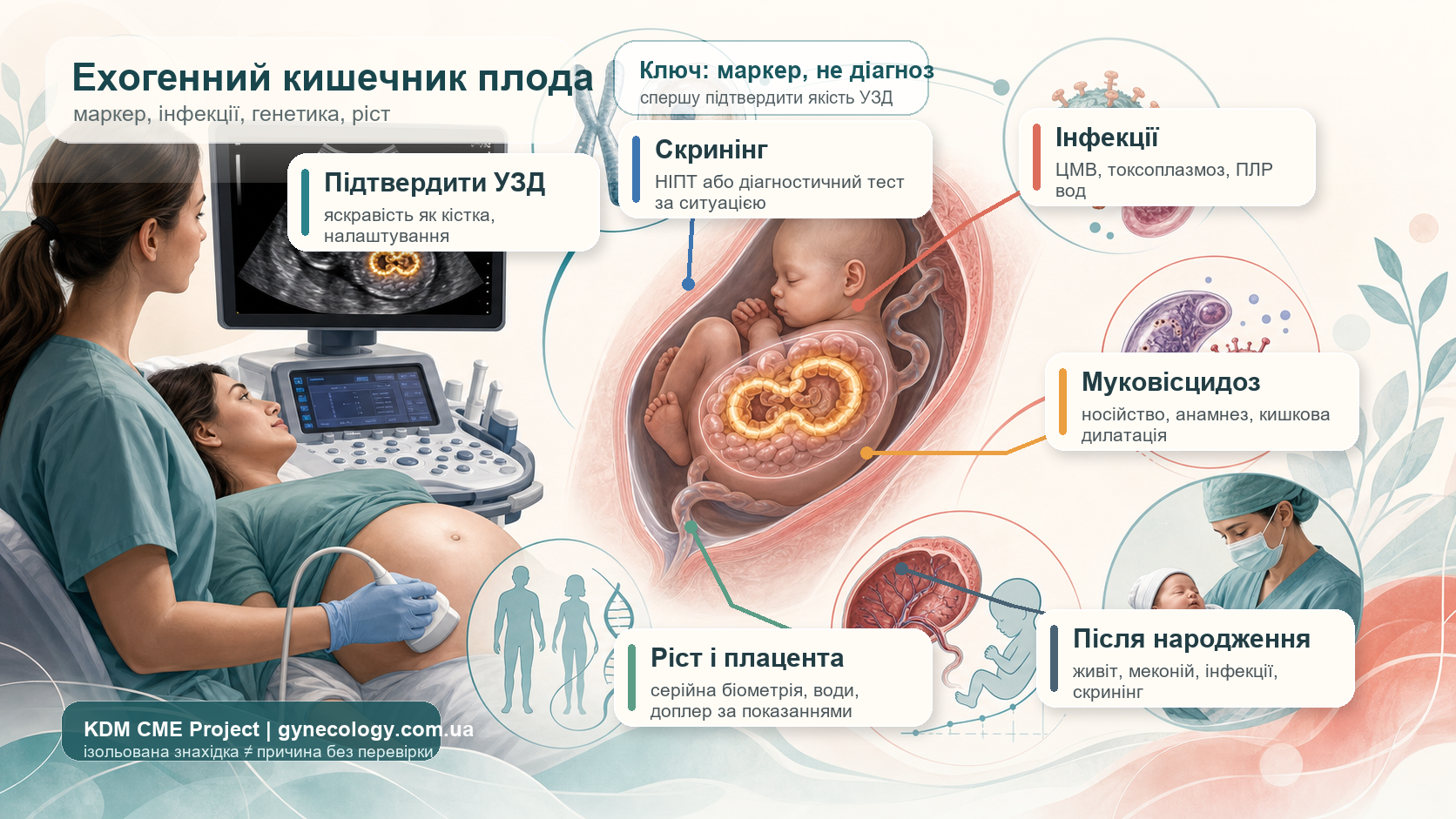Інфографіка алгоритму ехогенного кишечника плода: підтвердження знахідки на ультразвуковому дослідженні, оцінка ізольованості, пренатальний скринінг, цитомегаловірус, токсоплазмоз, муковісцидоз, ріст плода, плацента, серійне спостереження і неонатальний план.