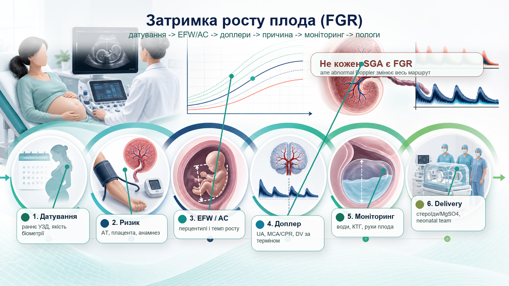 Fetal growth restriction and small-for-gestational-age clinical pathway infographic: pregnancy dating, fetal biometry, estimated fetal weight, abdominal circumference, umbilical artery Doppler, middle cerebral artery Doppler, amniotic fluid, maternal placental risk, surveillance, delivery timing and neonatal planning.
