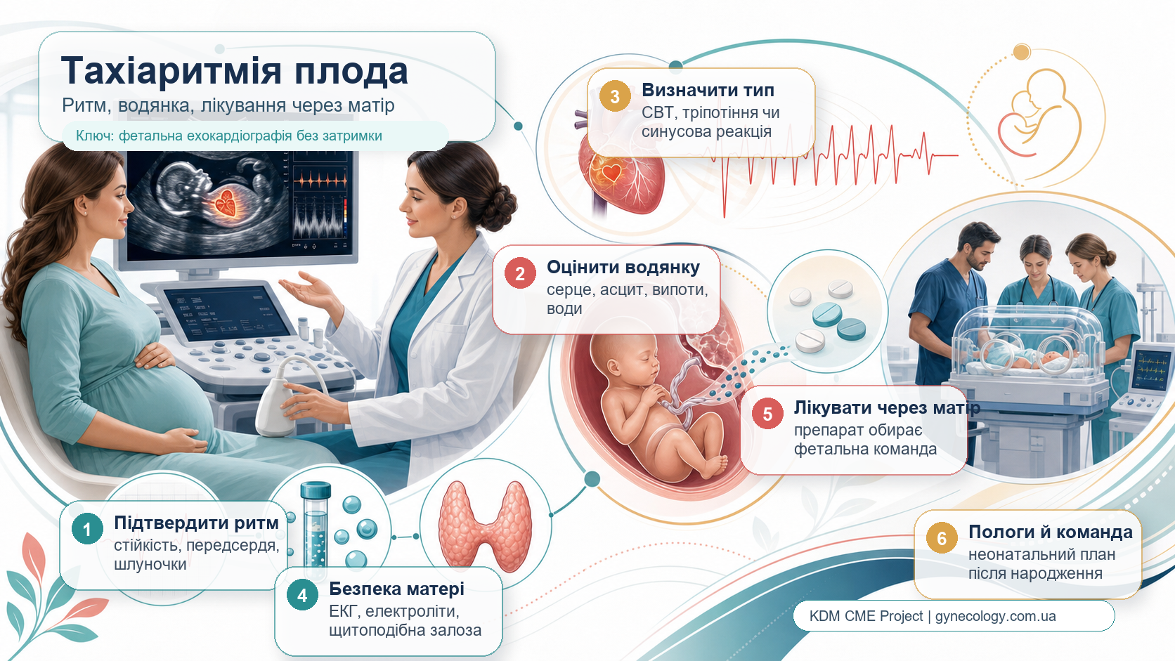 Інфографіка алгоритму тахіаритмії плода: стійка частота серцебиття понад 180 за хвилину, підтвердження ритму на ультразвуковому дослідженні, фетальна ехокардіографія, відмежування синусової тахікардії від суправентрикулярної тахікардії і тріпотіння передсердь, оцінка водянки, материнська електрокардіограма, електроліти, тиреоїдна функція, лікування через матір, моніторинг і план пологів.