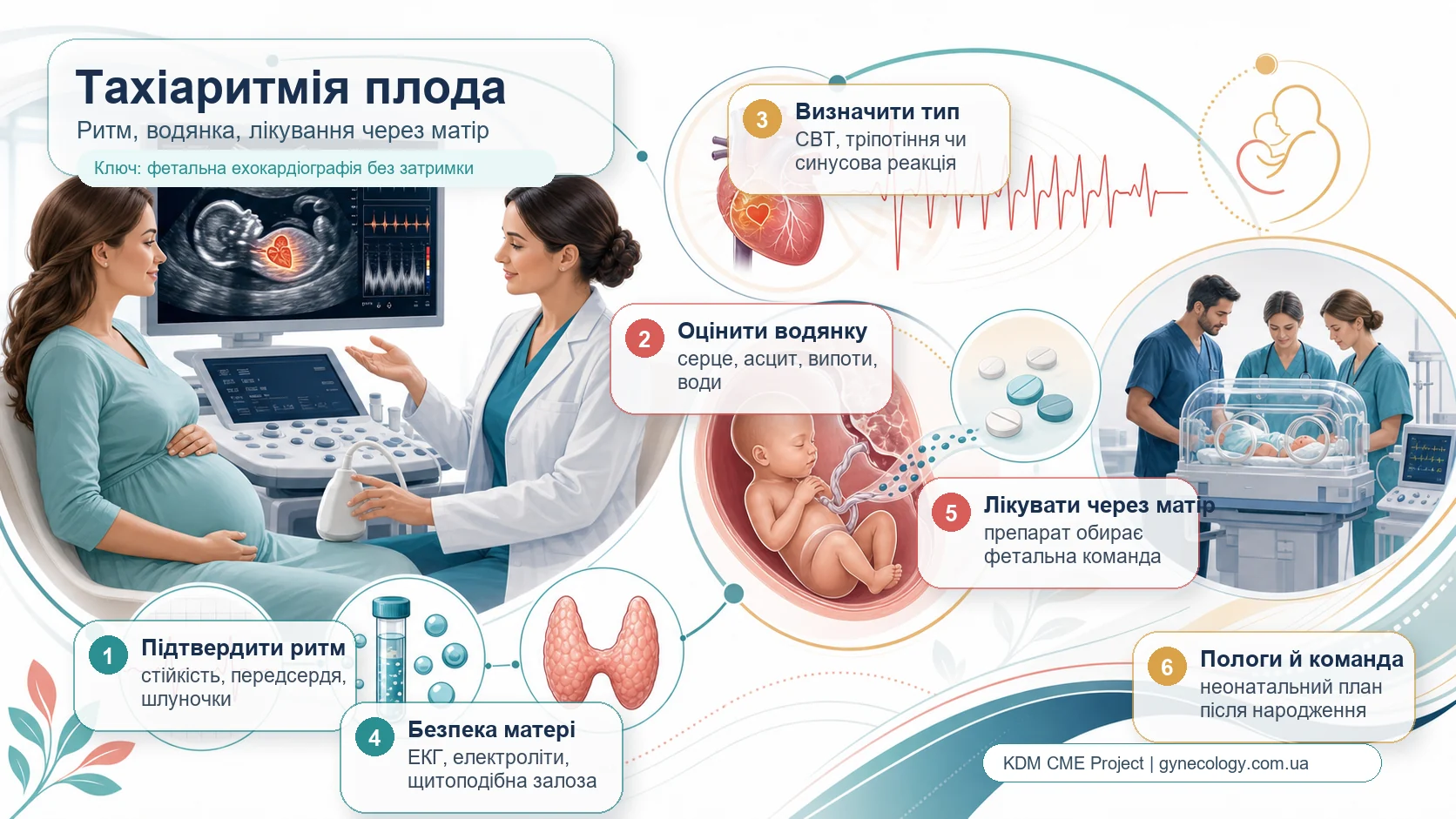 Інфографіка алгоритму тахіаритмії плода: стійка частота серцебиття понад 180 за хвилину, підтвердження ритму на ультразвуковому дослідженні, фетальна ехокардіографія, відмежування синусової тахікардії від суправентрикулярної тахікардії і тріпотіння передсердь, оцінка водянки, материнська електрокардіограма, електроліти, тиреоїдна функція, лікування через матір, моніторинг і план пологів.