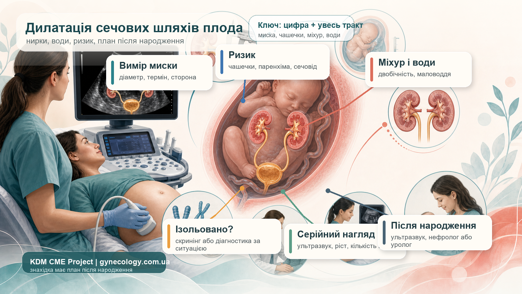 Інфографіка алгоритму дилатації сечових шляхів плода: вимірювання передньо-заднього діаметра ниркової миски, оцінка чашечок, паренхіми, сечоводу, міхура, двобічності та кількості вод, розподіл на низький і підвищений ризик, генетичне консультування за показаннями, серійне ультразвукове спостереження, післянатальне УЗД і дитячий нефролог або уролог.