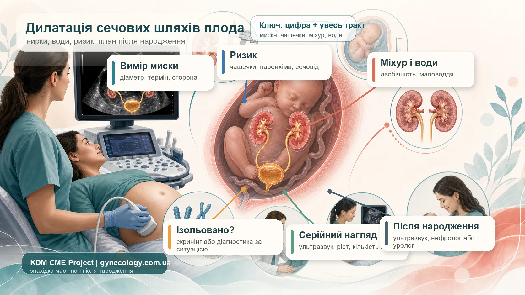 Інфографіка алгоритму дилатації сечових шляхів плода: вимірювання передньо-заднього діаметра ниркової миски, оцінка чашечок, паренхіми, сечоводу, міхура, двобічності та кількості вод, розподіл на низький і підвищений ризик, генетичне консультування за показаннями, серійне ультразвукове спостереження, післянатальне УЗД і дитячий нефролог або уролог.