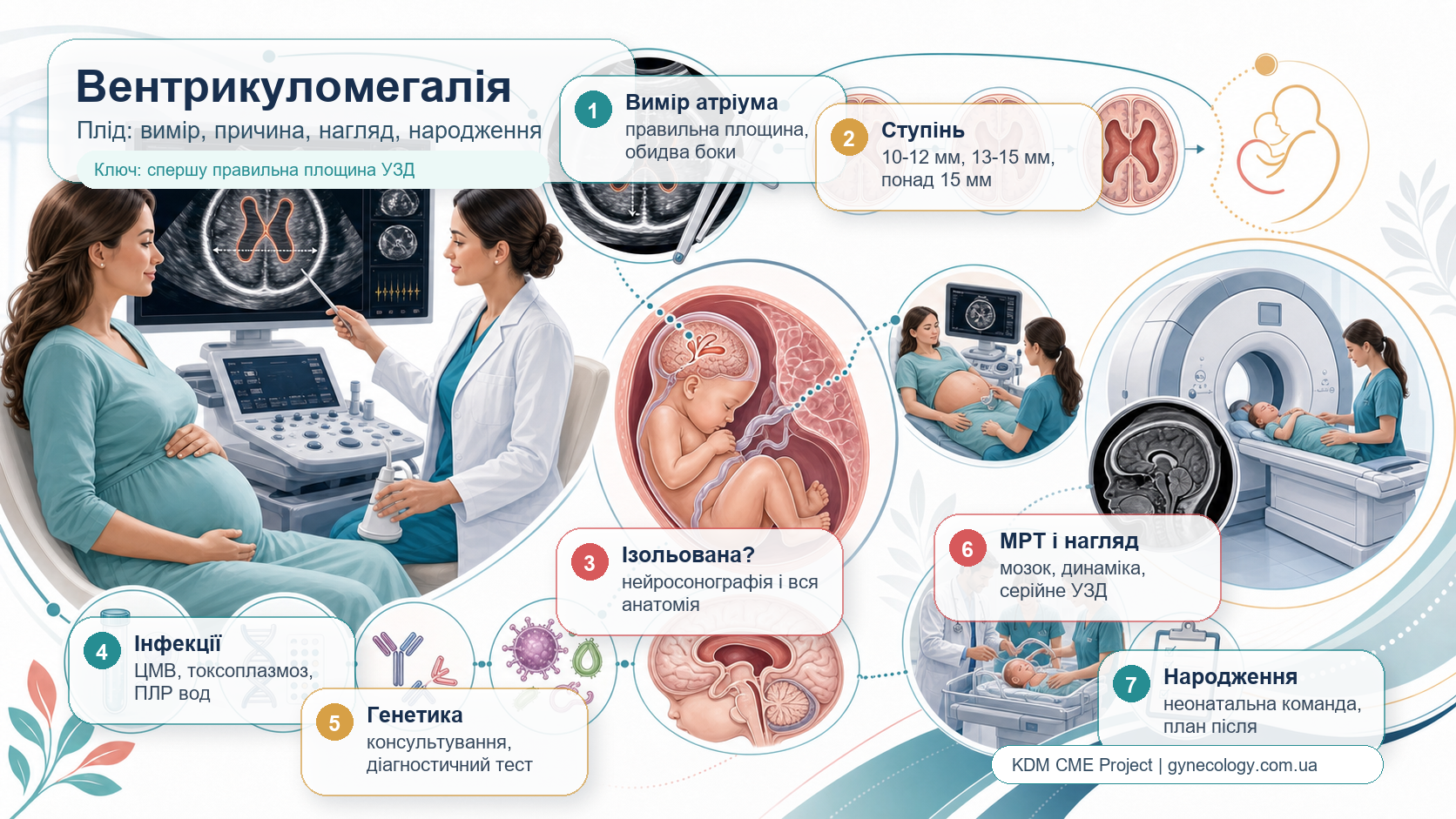 Інфографіка алгоритму вентрикуломегалії плода: вимірювання атріума бічного шлуночка мозку на ультразвуковому дослідженні, легка, помірна і тяжка вентрикуломегалія, детальна нейросонографія, пошук додаткових аномалій, цитомегаловірус, токсоплазмоз, генетичне консультування, амніоцентез, магнітно-резонансна томографія плода, серійний нагляд, пологи і неонатальна команда.