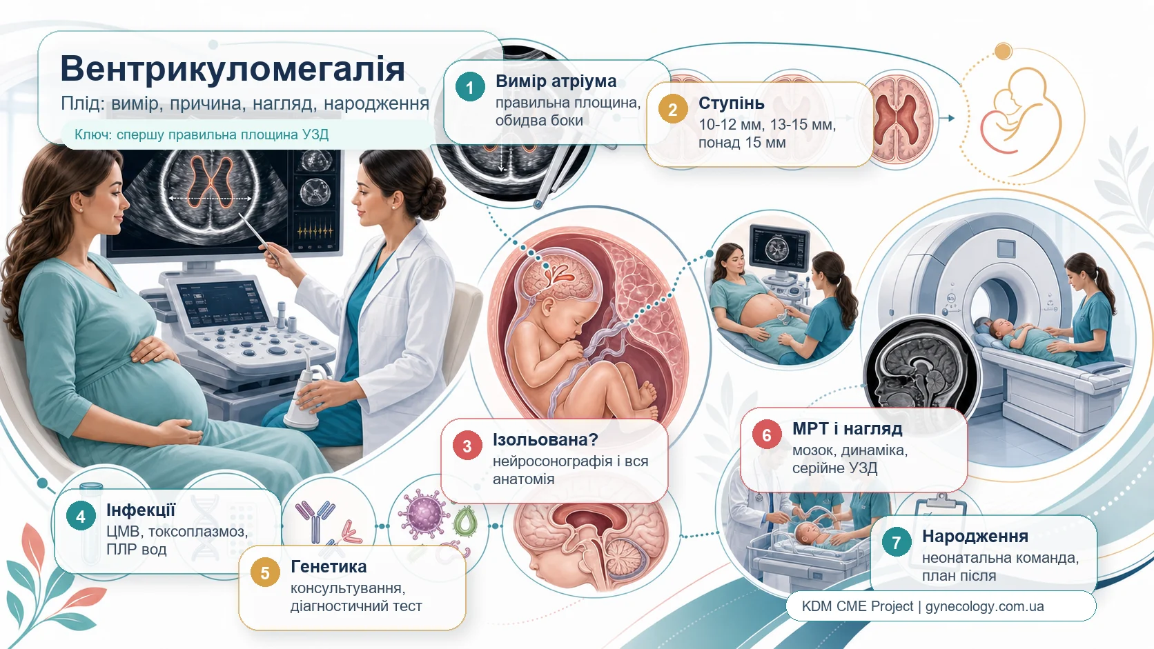Інфографіка алгоритму вентрикуломегалії плода: вимірювання атріума бічного шлуночка мозку на ультразвуковому дослідженні, легка, помірна і тяжка вентрикуломегалія, детальна нейросонографія, пошук додаткових аномалій, цитомегаловірус, токсоплазмоз, генетичне консультування, амніоцентез, магнітно-резонансна томографія плода, серійний нагляд, пологи і неонатальна команда.