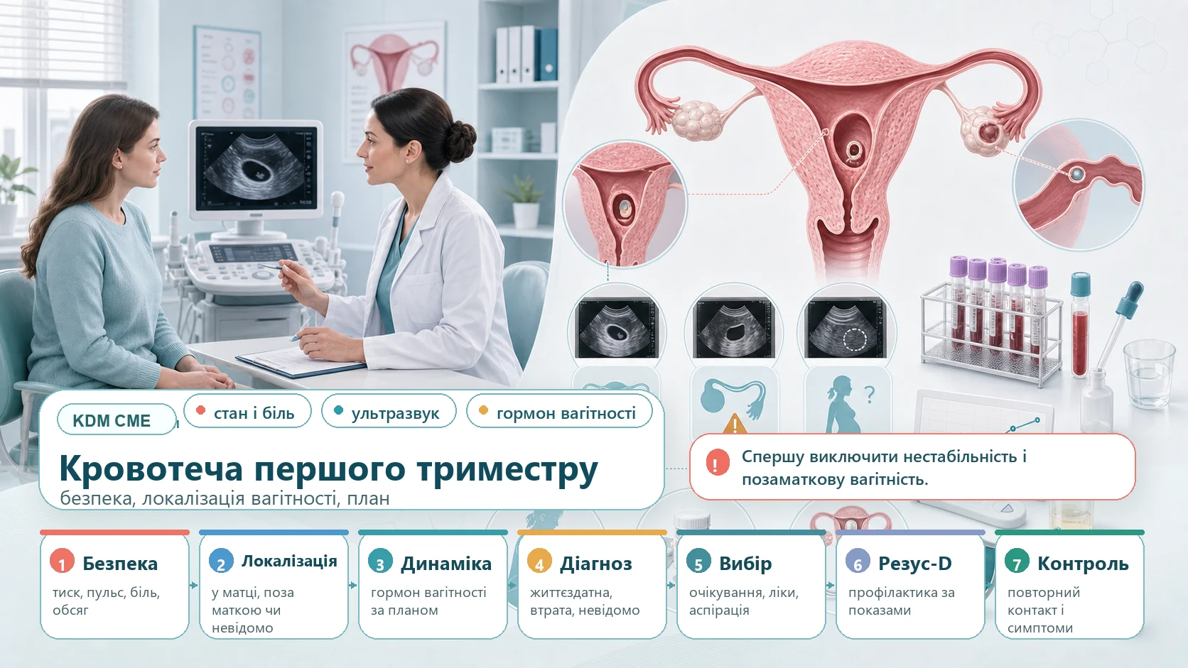 Інфографіка алгоритму кровотечі першого триместру і ранньої втрати вагітності: тест на вагітність, термін, стабільність, бета-хоріонічний гонадотропін людини, трансвагінальне ультразвукове дослідження, вагітність невідомої локалізації, позаматкова вагітність, життєздатна внутрішньоматкова вагітність, очікувальне ведення, медикаментозне ведення, вакуум-аспірація, резус-D і план безпеки.