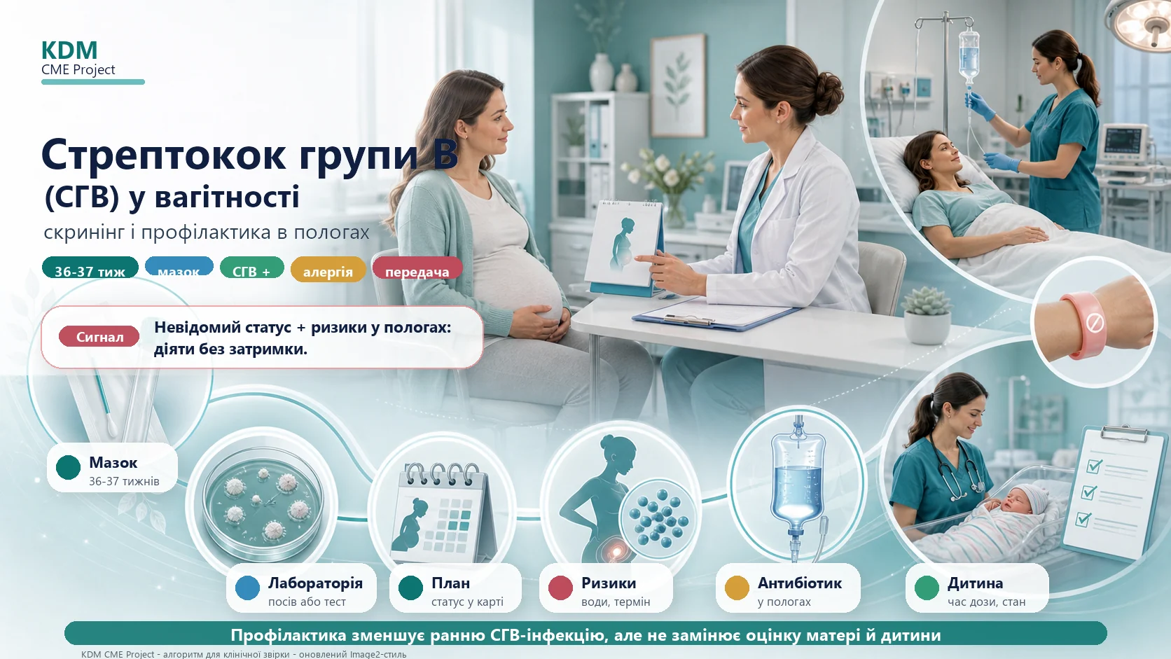 Інфографіка алгоритму стрептокока групи B (СГВ) у вагітності та антибіотикопрофілактики в пологах: вагінально-ректальний мазок у 36-37 тижнів, посів або молекулярний тест, СГВ у сечі, попередня дитина з СГВ-інфекцією, невідомий статус із передчасними пологами, передчасним розривом оболонок, тривалим безводним проміжком або температурою, алергія на пеніцилін, антибіотик у пологах, кесарів розтин до пологів із цілими оболонками, передача неонатологам і спостереження новонародженого.