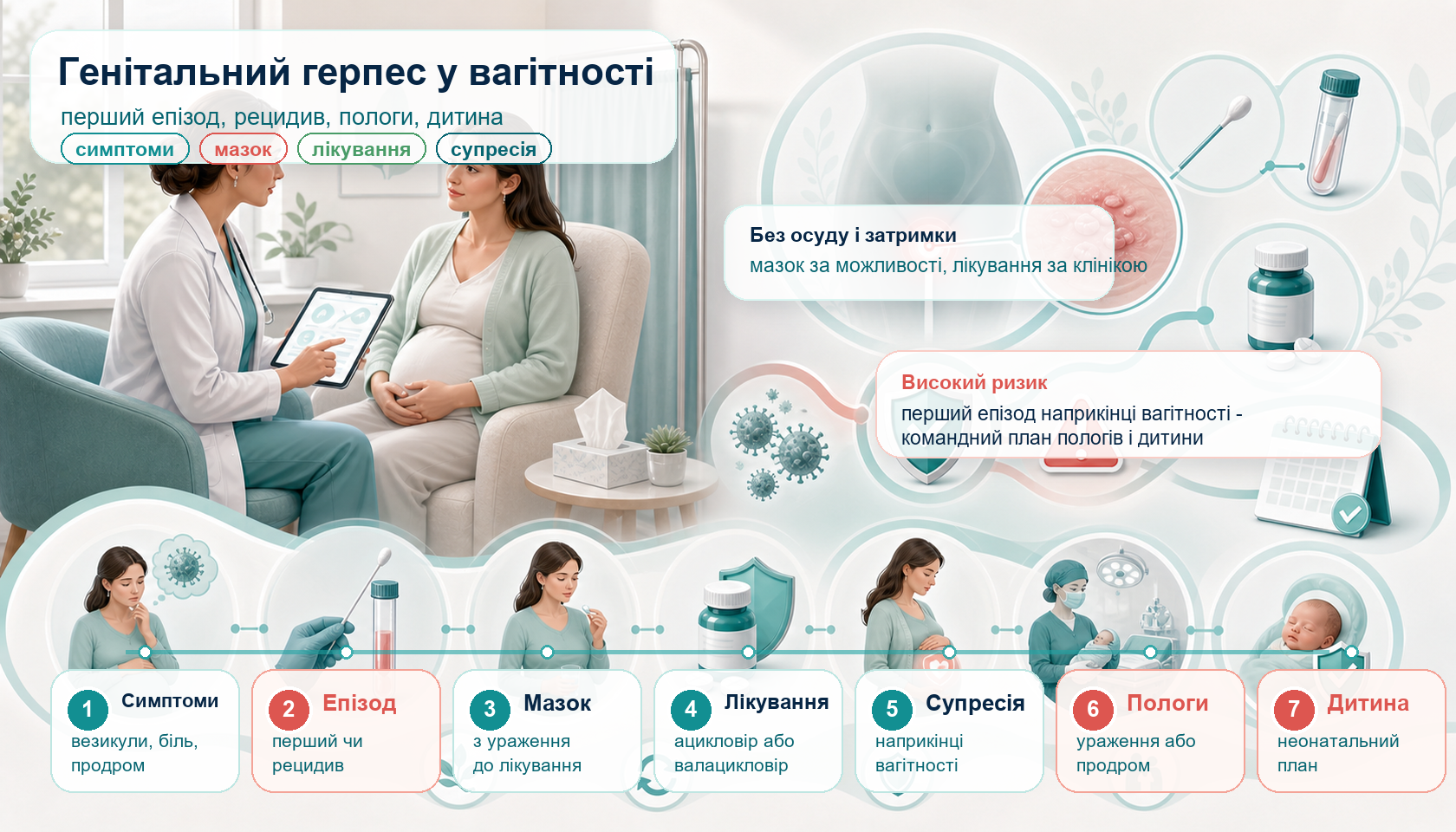 Медична інфографіка алгоритму генітального герпесу у вагітності: конфіденційна консультація, перший епізод або рецидив, мазок з ураження для полімеразної ланцюгової реакції, противірусне лікування, супресія наприкінці вагітності, план пологів і неонатальний маршрут.