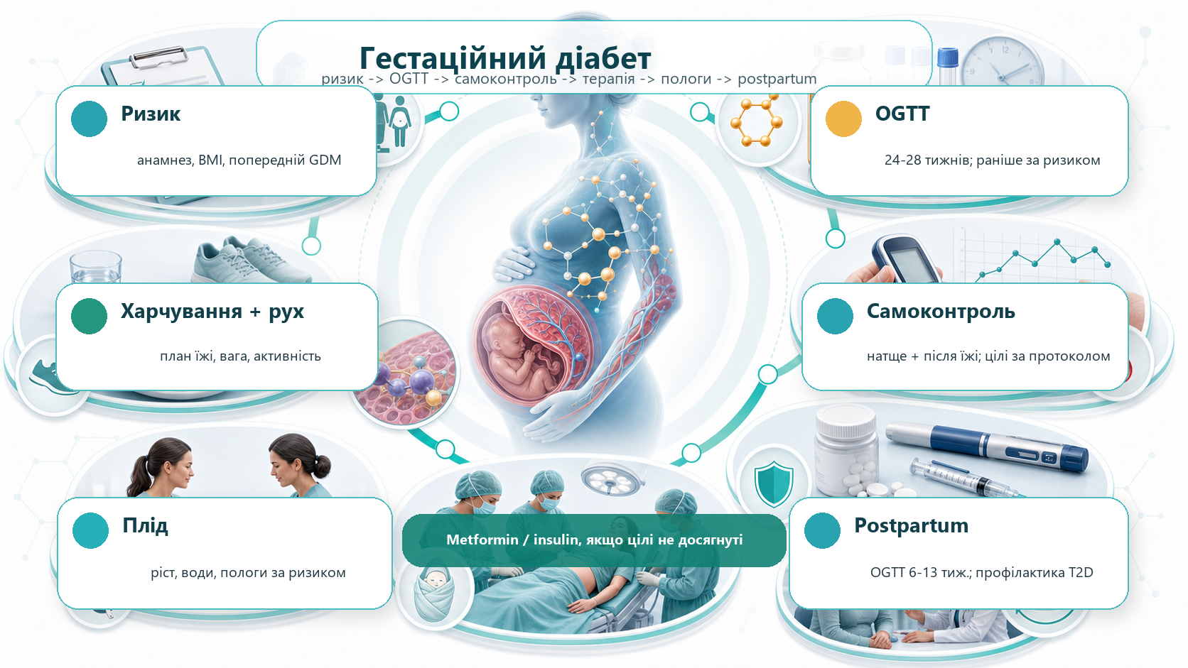 Gestational diabetes mellitus clinical pathway infographic: risk assessment, oral glucose tolerance test, glucose self-monitoring, nutrition and activity, metformin or insulin, fetal growth surveillance, birth planning and postpartum diabetes prevention.