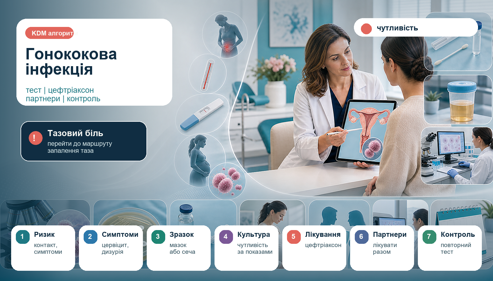 Медична інфографіка алгоритму гонококової інфекції у жінок: консультація, модель матки та шийки матки, оцінка ризику і симптомів, вагінальний або цервікальний зразок чи сеча, молекулярна діагностика, культура з визначенням чутливості за показами, цефтріаксон, вагітність, партнерський маршрут і контроль з повторним тестом.