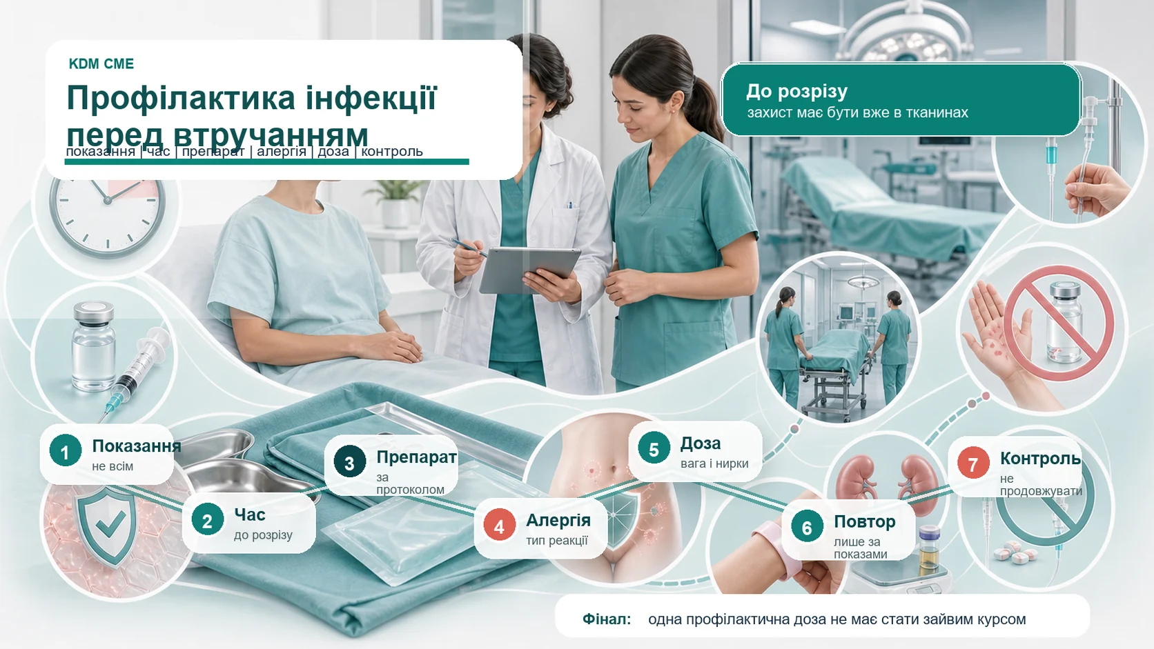 Медична інфографіка алгоритму профілактики інфекції перед гінекологічним втручанням: передопераційна консультація, стерильний інструментальний стіл, показання до антибіотикопрофілактики, введення препарату так, щоб захист був до розрізу або маніпуляції, вибір за типом втручання і локальним протоколом, уточнення алергії, доза з урахуванням ваги, ниркової функції і тривалості операції, повторна доза лише за показами та контроль без зайвого продовження.