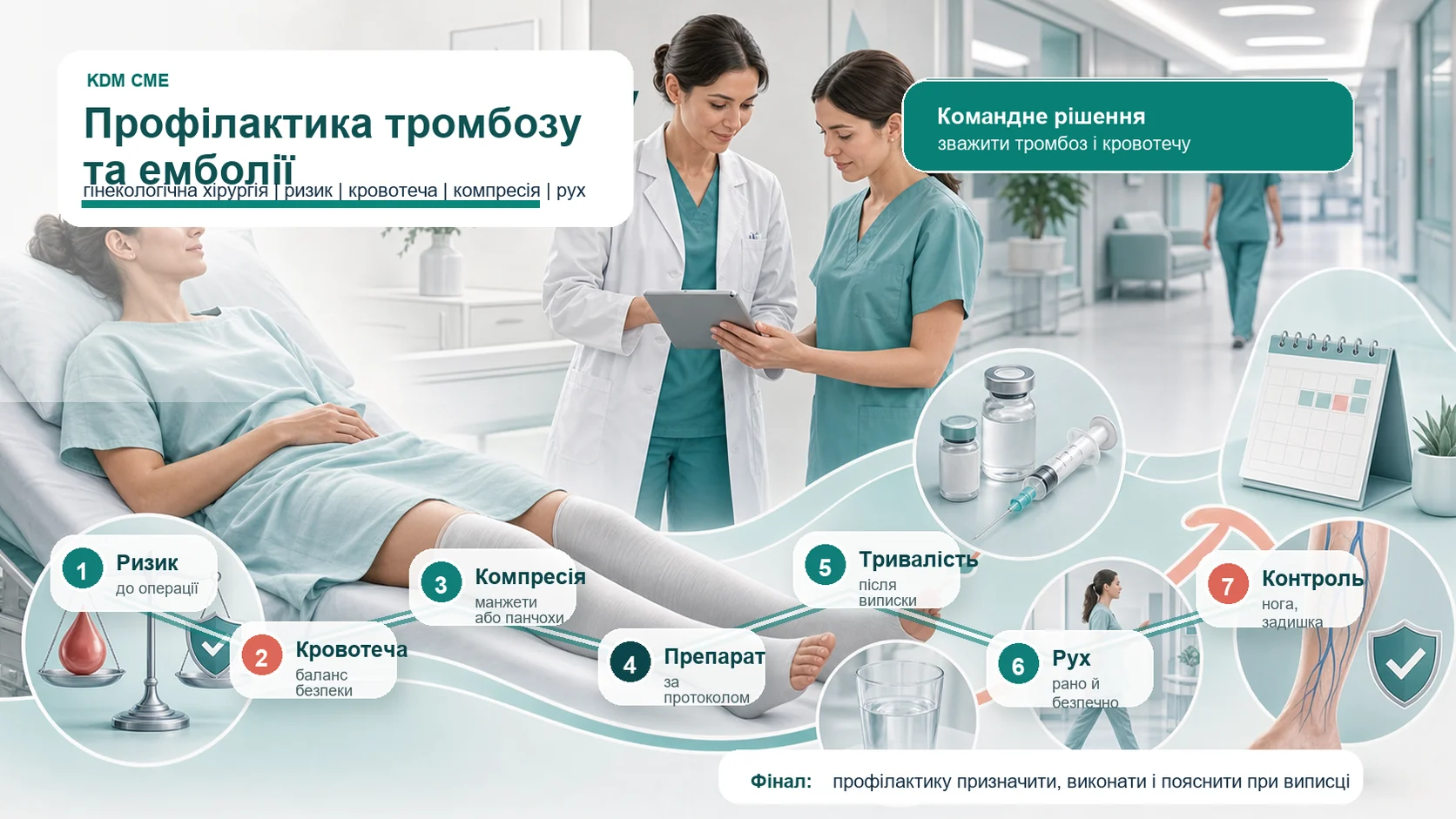 Медична інфографіка алгоритму профілактики венозної тромбоемболії в гінекологічній хірургії: передопераційна консультація, оцінка ризику до операції і при зміні стану, баланс користі профілактики з ризиком кровотечі, компресійна манжета або панчохи, препарат за локальним протоколом, тривалість після виписки для пацієнток високого ризику, рання мобілізація, пиття, знеболення та симптоми небезпеки для негайного звернення.