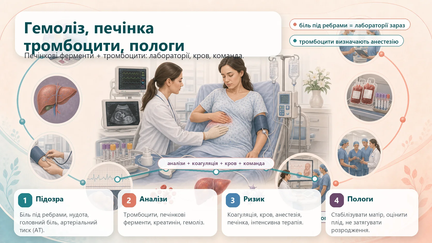 Інфографіка алгоритму синдрому гемолізу, підвищених печінкових ферментів і тромбоцитопенії: біль у правому підребер’ї або епігастрії, артеріальний тиск, лабораторії, тромбоцити, печінка, гемоліз, коагуляція, кров, анестезія, інтенсивна терапія, оцінка плода і план розродження.