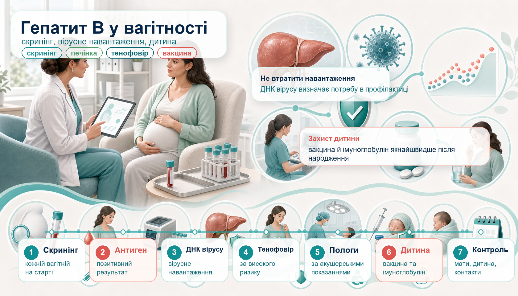 Медична інфографіка алгоритму гепатиту B у вагітності: консультація вагітної, поверхневий антиген, ДНК вірусу, вірусне навантаження, оцінка печінки, тенофовір за показаннями, пологи, вакцина, імуноглобулін, контроль матері й дитини.